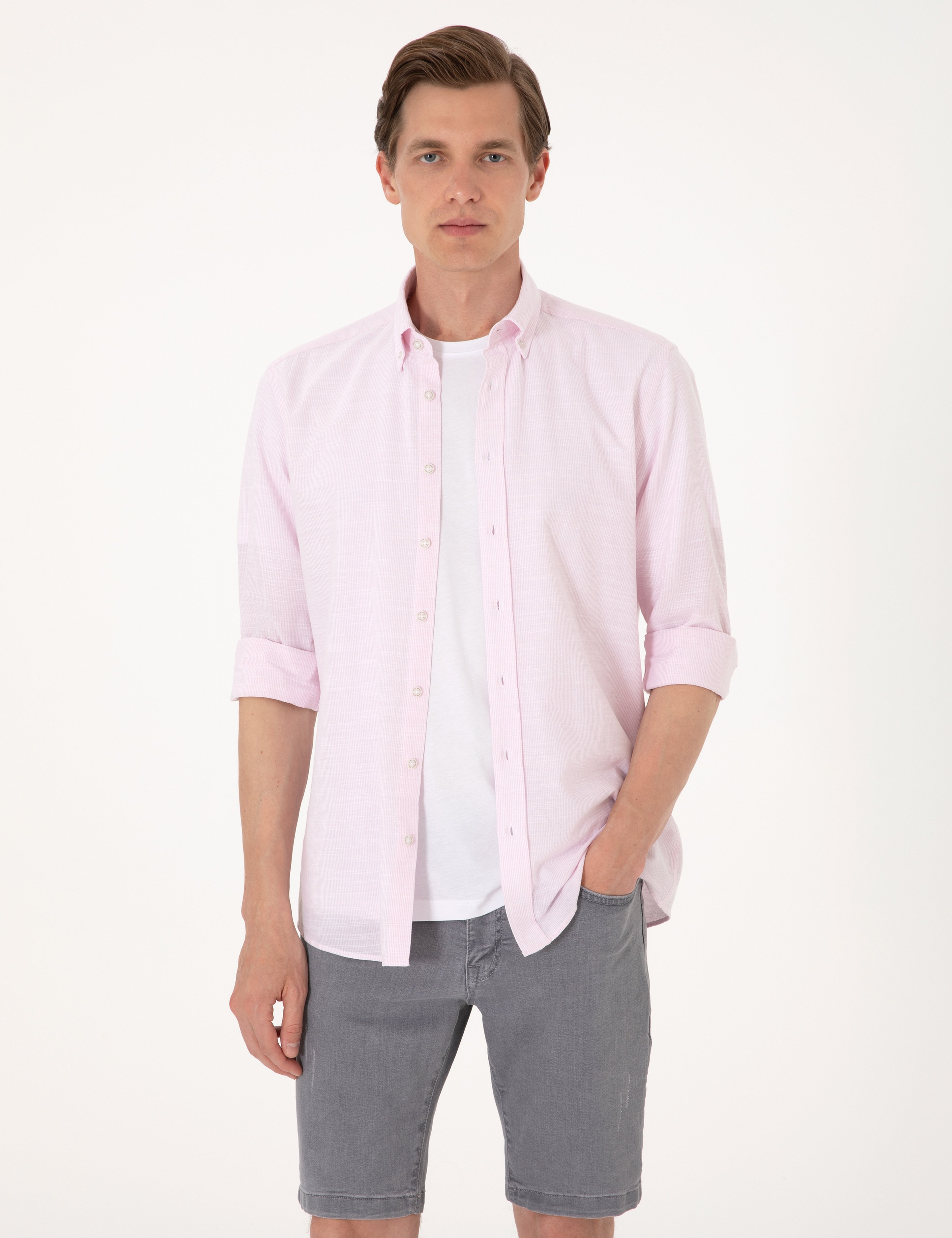 Nar Çiçeği Slim Fit Uzun Kollu Gömlek
