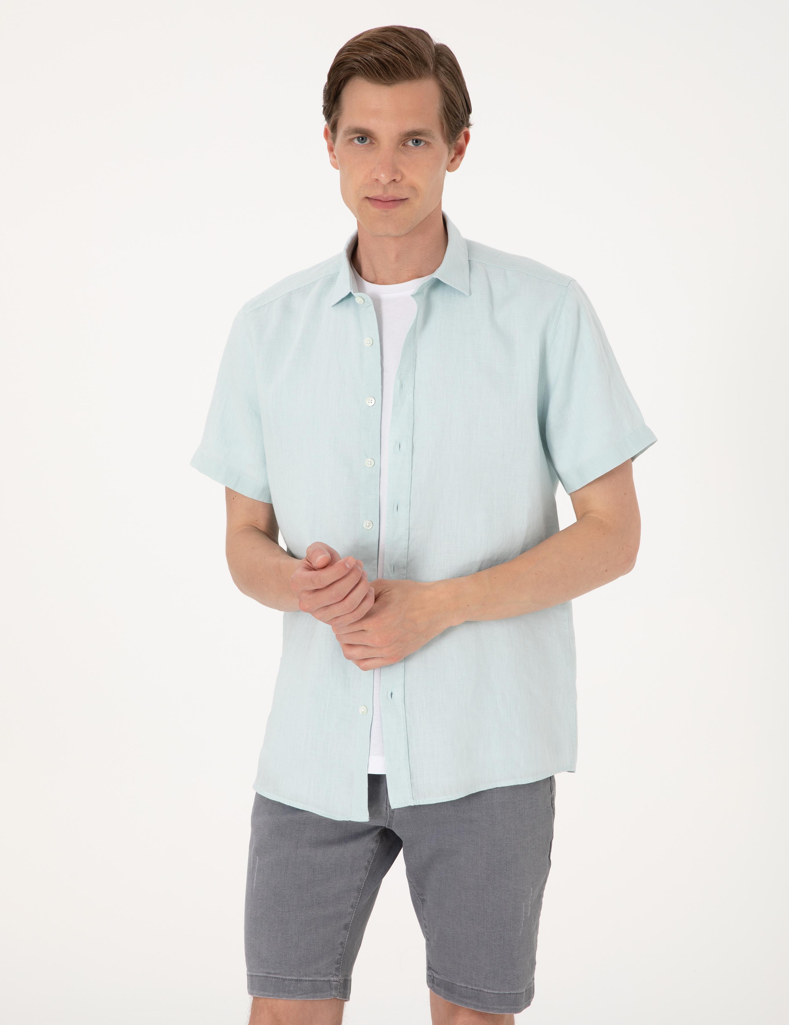 Su yeşili %100 Keten Regular Fit Kısa Kollu Gömlek