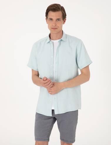 Su yeşili %100 Keten Regular Fit Kısa Kollu Gömlek