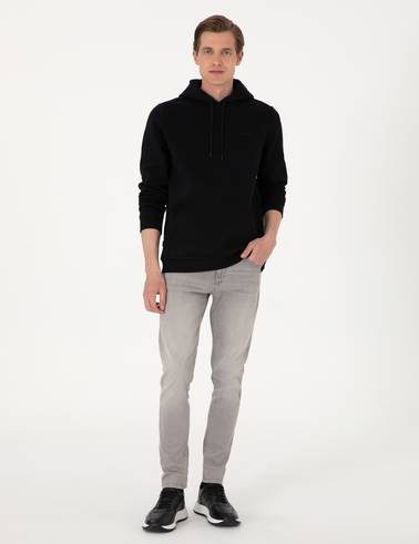 Siyah 2 İplik Regular Fit Kapüşonlu Basic Sweatshirt