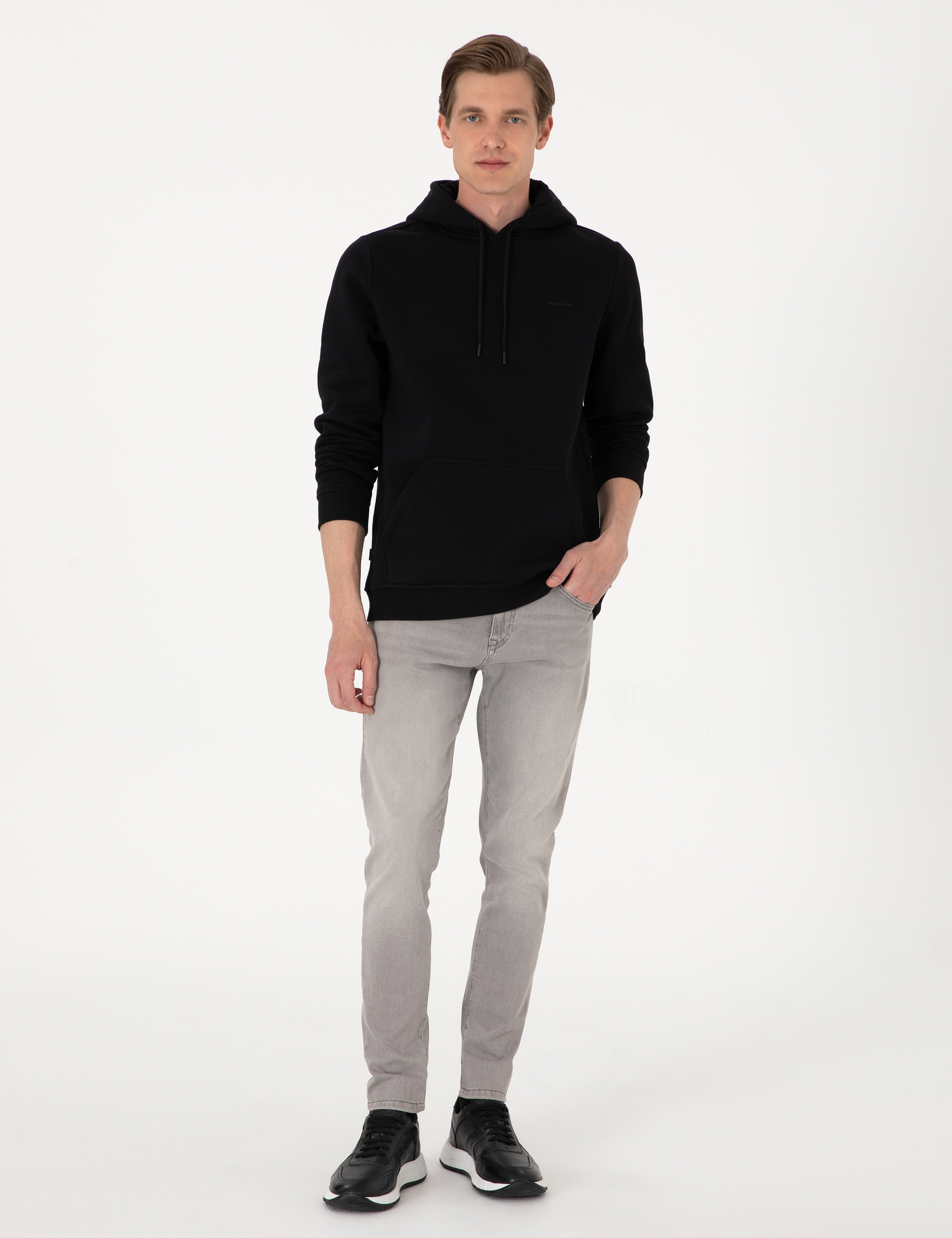 Siyah 2 İplik Regular Fit Kapüşonlu Basic Sweatshirt - Image 4