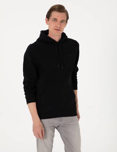 Siyah 2 İplik Regular Fit Kapüşonlu Basic Sweatshirt