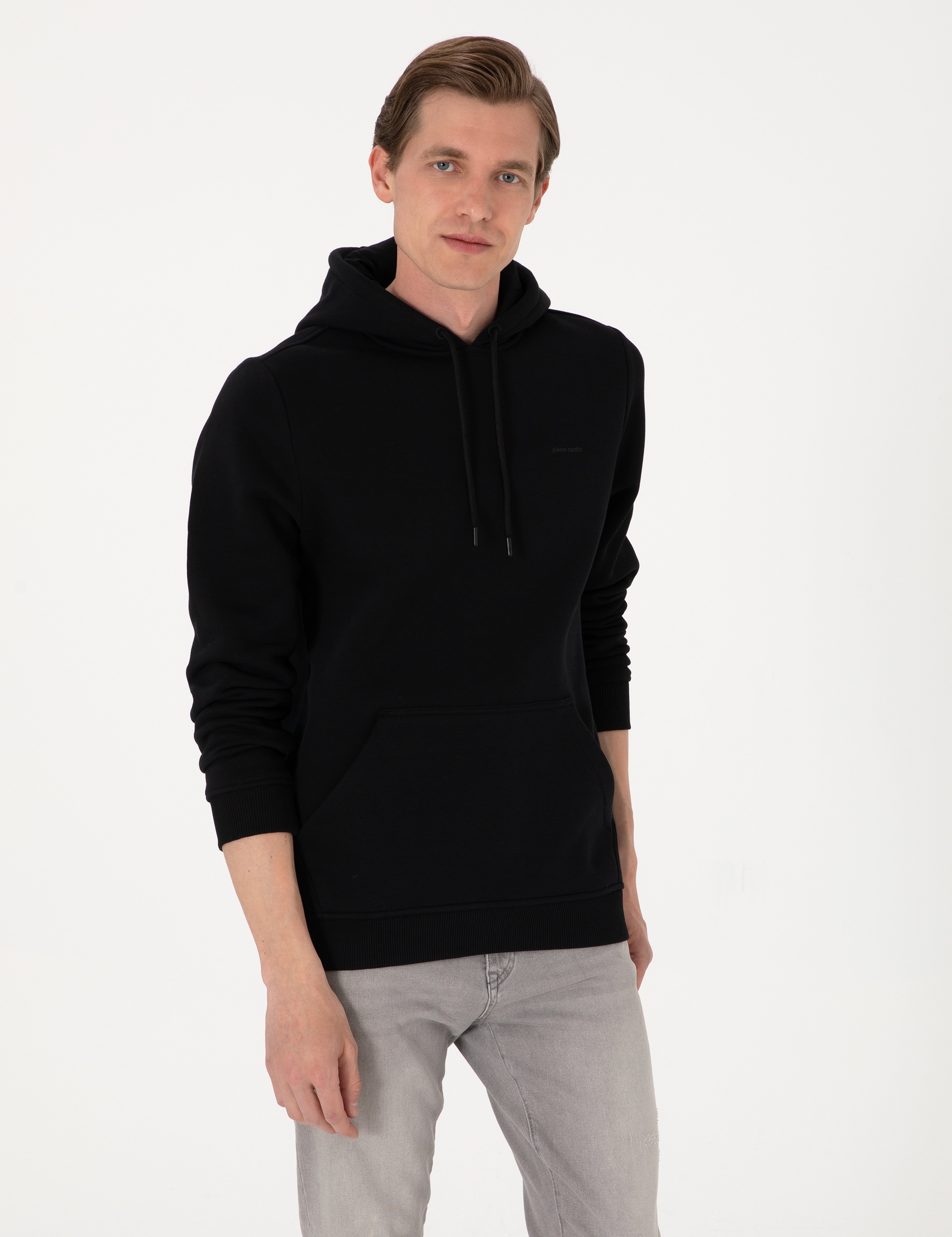 Siyah 2 İplik Regular Fit Kapüşonlu Basic Sweatshirt - Image 3