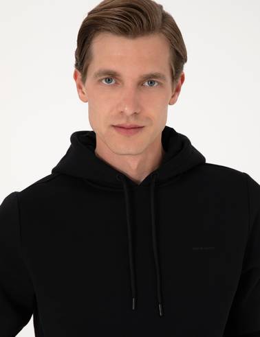 Siyah 2 İplik Regular Fit Kapüşonlu Basic Sweatshirt