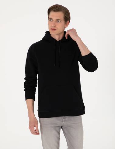 Siyah 2 İplik Regular Fit Kapüşonlu Basic Sweatshirt