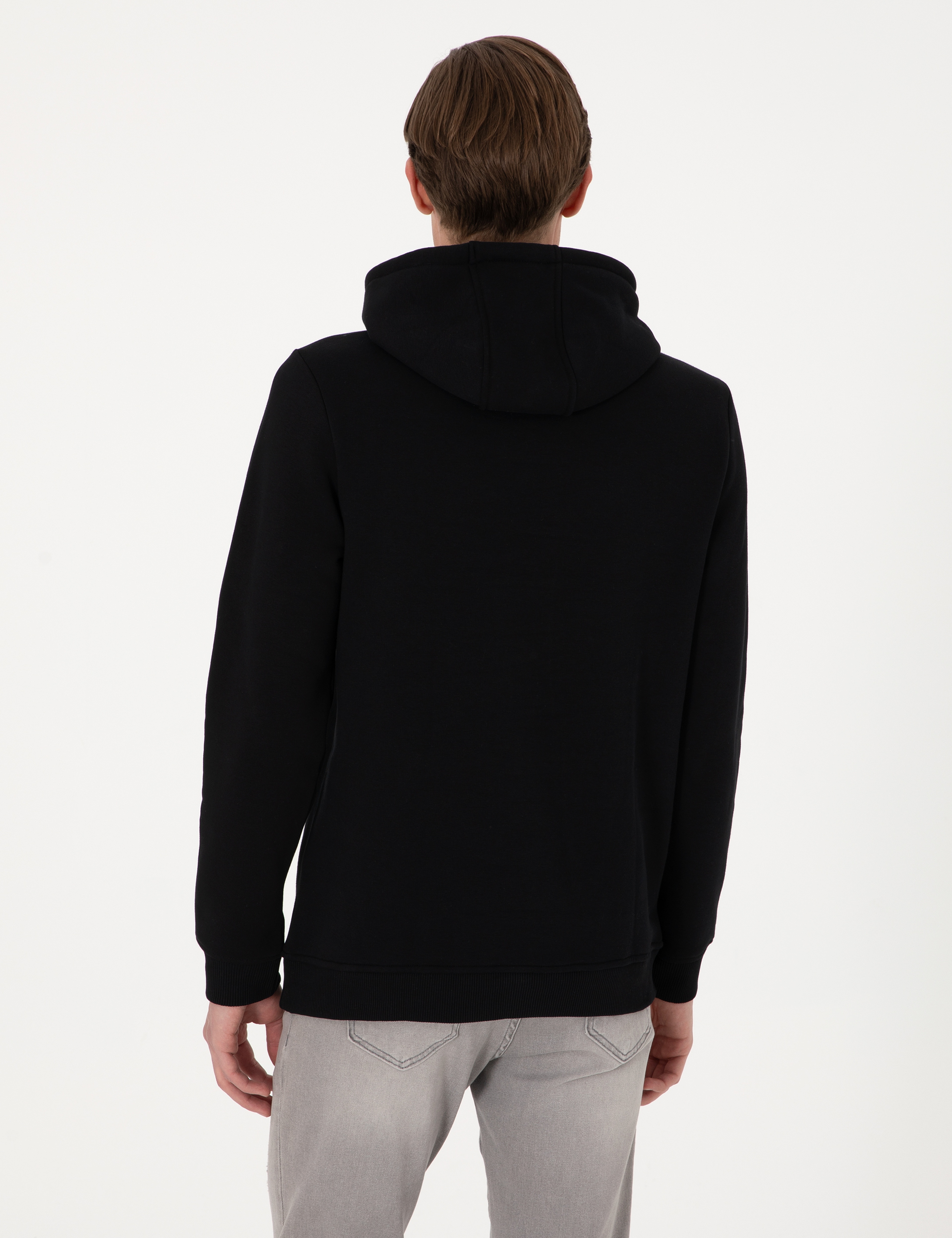 Siyah 2 İplik Regular Fit Kapüşonlu Basic Sweatshirt