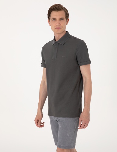 Gri Slim Fit %100 Pamuk Kıvrılmaz Amerikan Pike Polo Yaka Basic Tişört