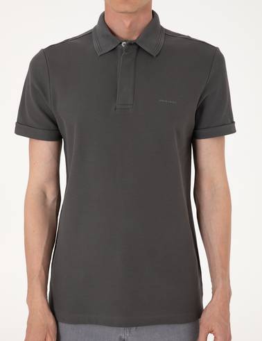Gri Slim Fit %100 Pamuk Kıvrılmaz Amerikan Pike Polo Yaka Basic Tişört