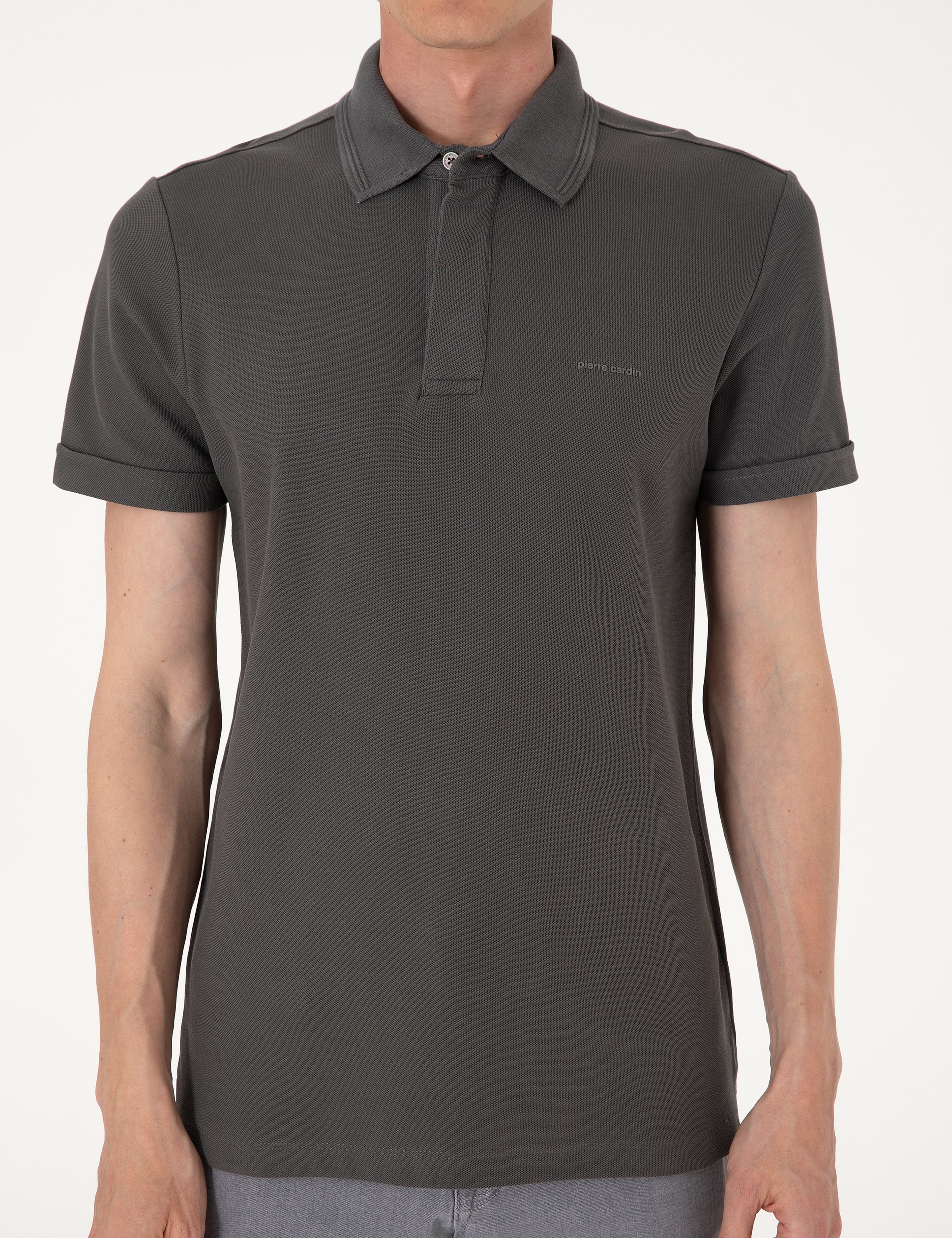 Gri Slim Fit %100 Pamuk Kıvrılmaz Amerikan Pike Polo Yaka Basic Tişört - Image 6