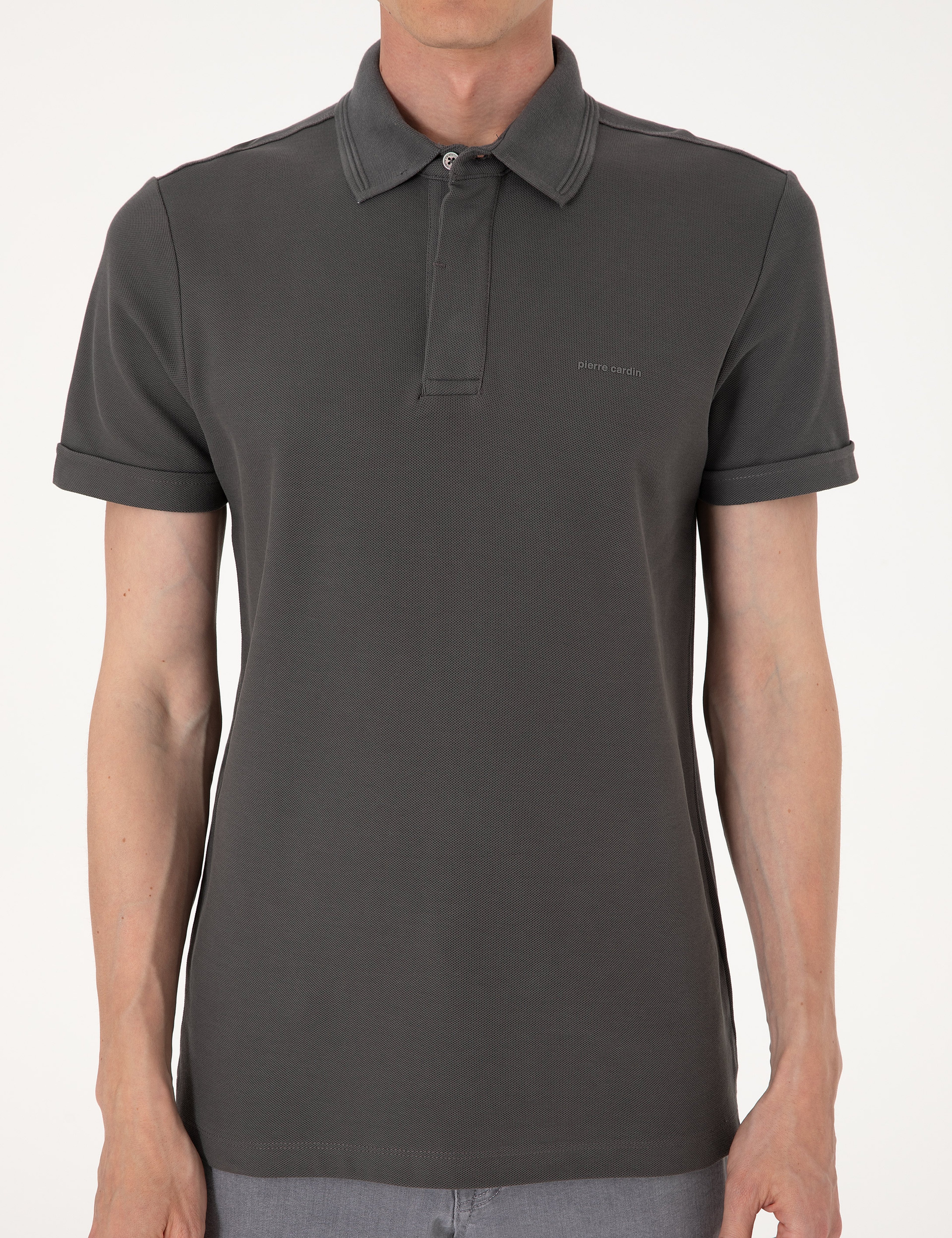 Gri Slim Fit %100 Pamuk Kıvrılmaz Amerikan Pike Polo Yaka Basic Tişört