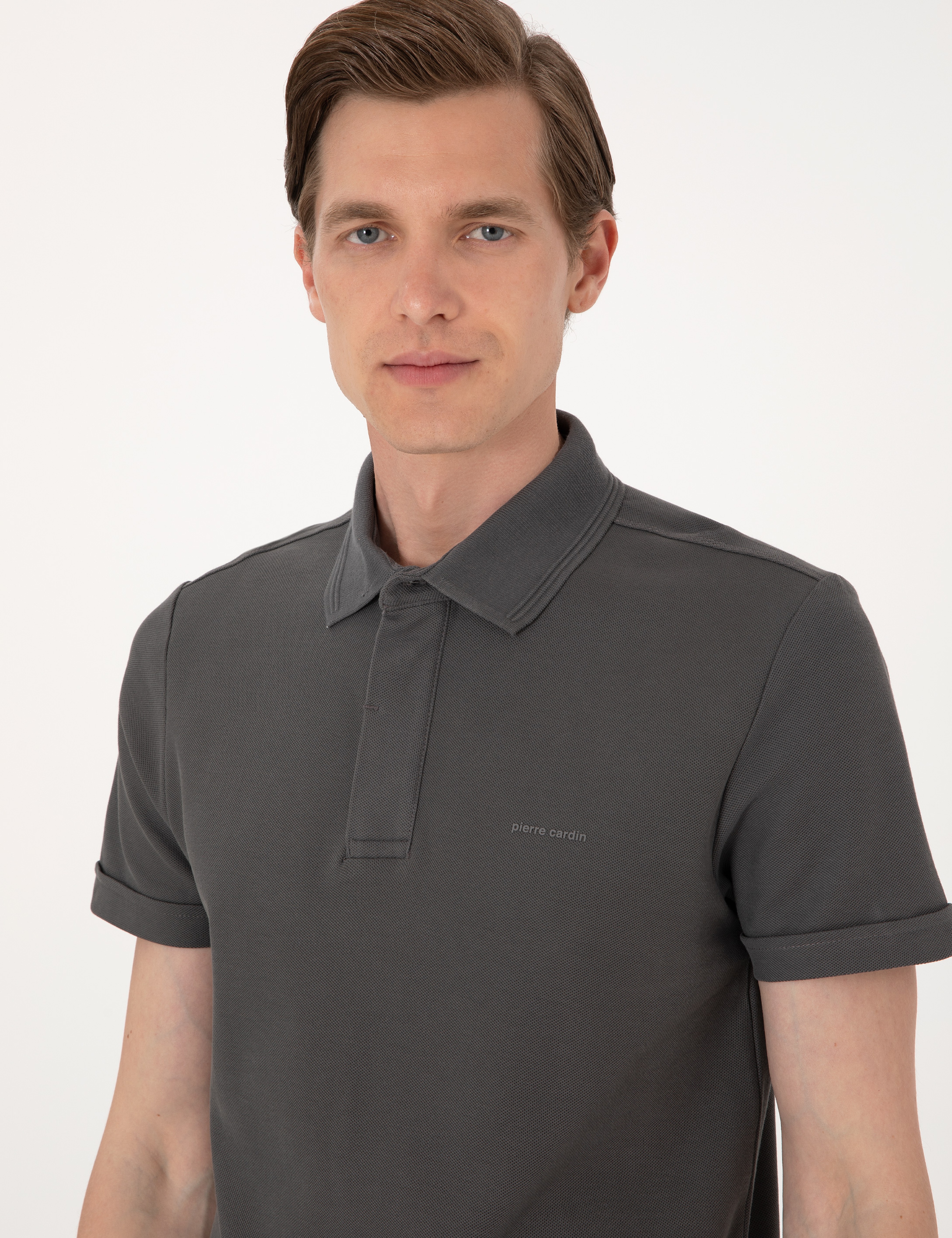 Gri Slim Fit %100 Pamuk Kıvrılmaz Amerikan Pike Polo Yaka Basic Tişört - Image 2