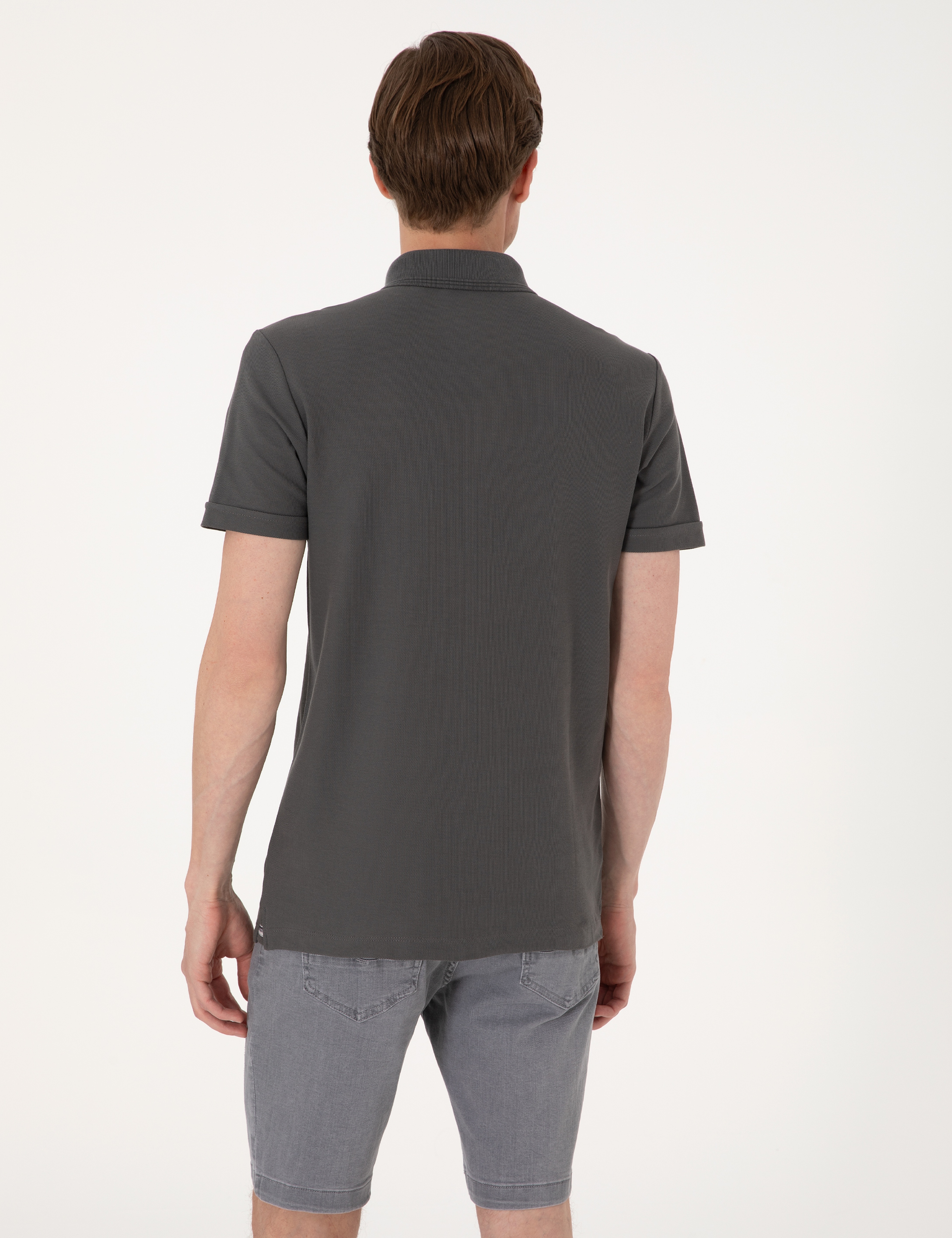 Gri Slim Fit %100 Pamuk Kıvrılmaz Amerikan Pike Polo Yaka Basic Tişört - Image 5