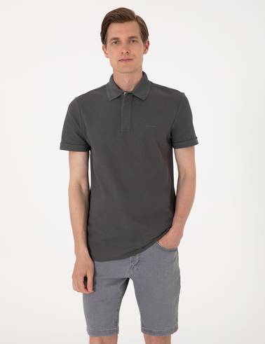 Gri Slim Fit %100 Pamuk Kıvrılmaz Amerikan Pike Polo Yaka Basic Tişört