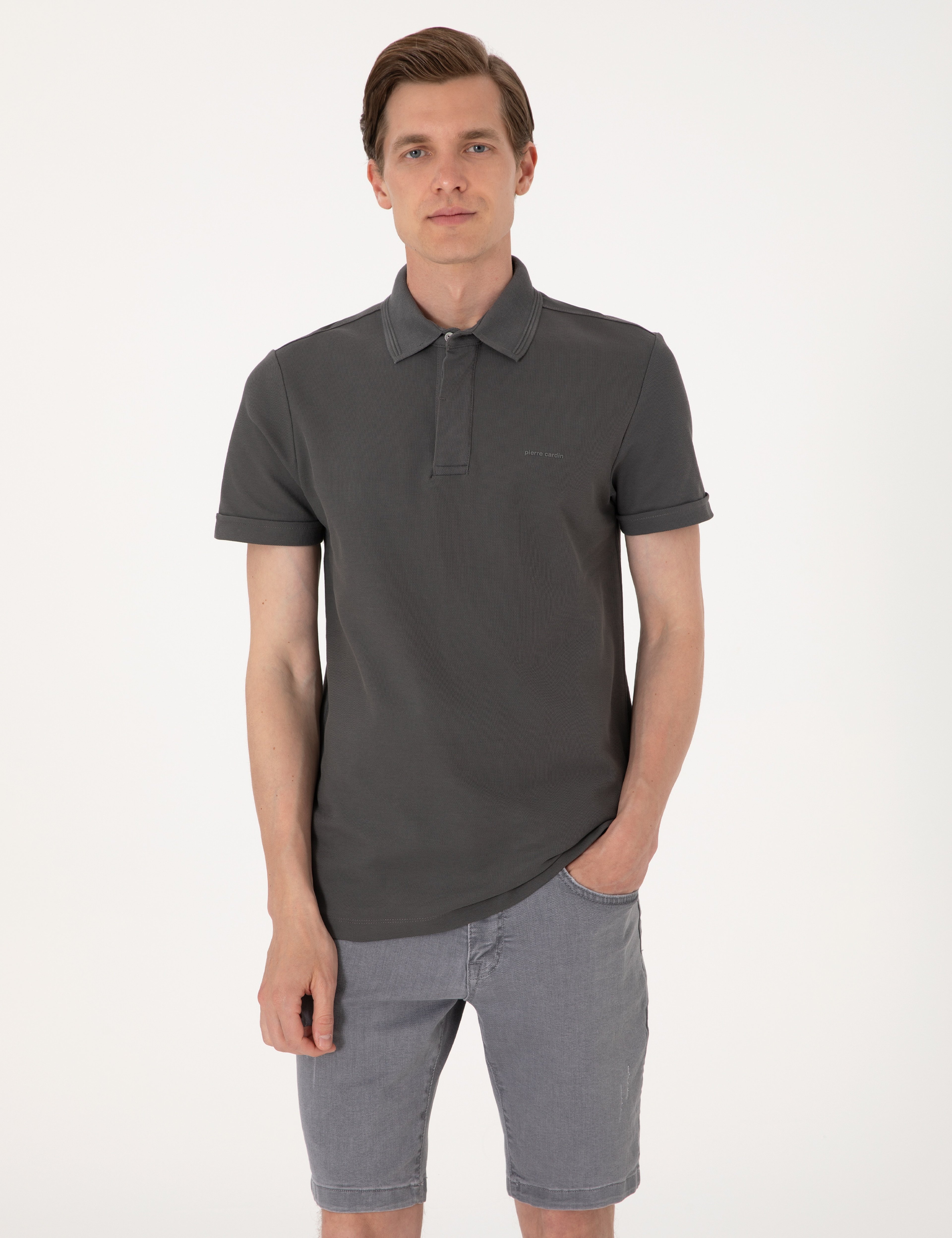 Gri Slim Fit %100 Pamuk Kıvrılmaz Amerikan Pike Polo Yaka Basic Tişört - Image 3