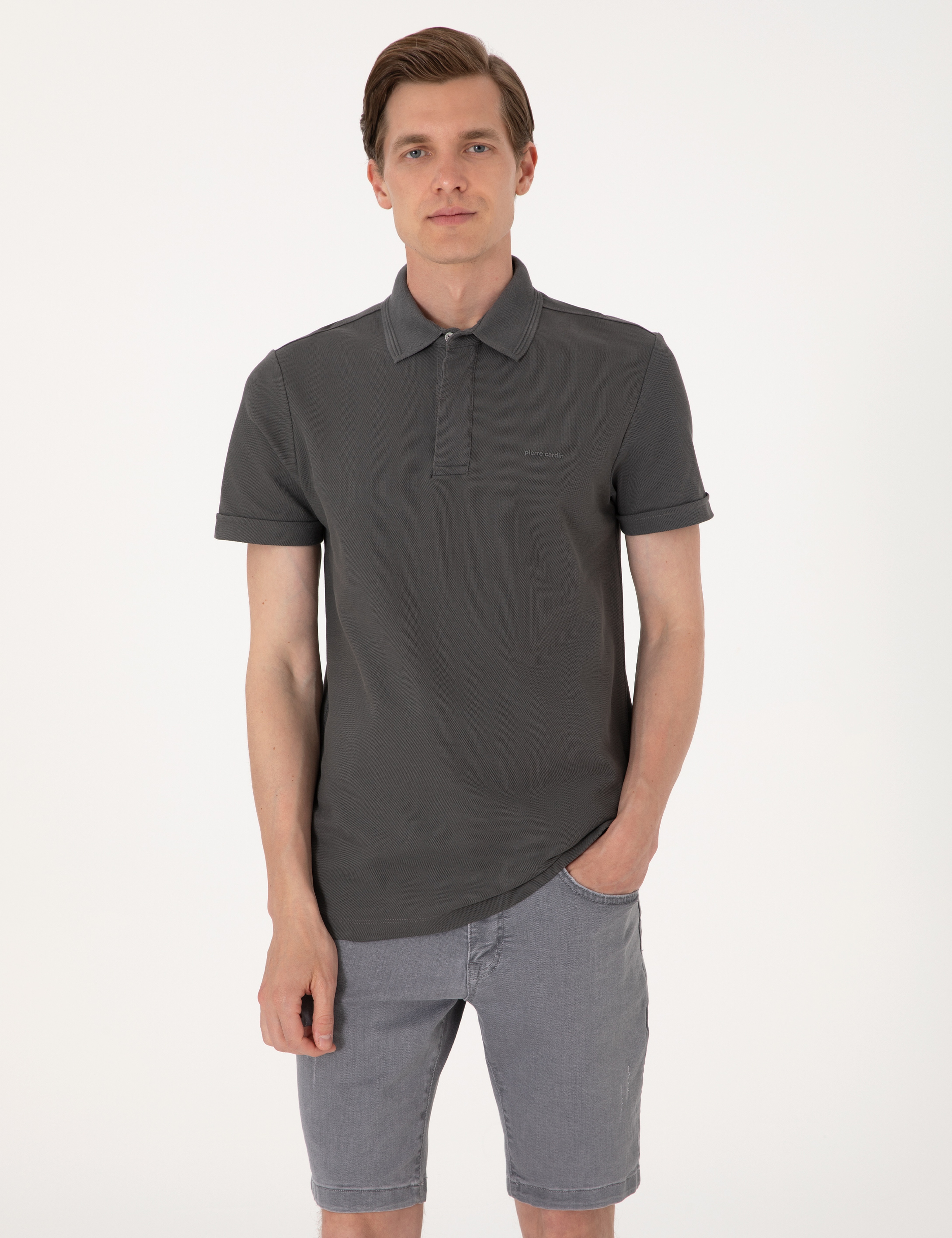 Gri Slim Fit %100 Pamuk Kıvrılmaz Amerikan Pike Polo Yaka Basic Tişört