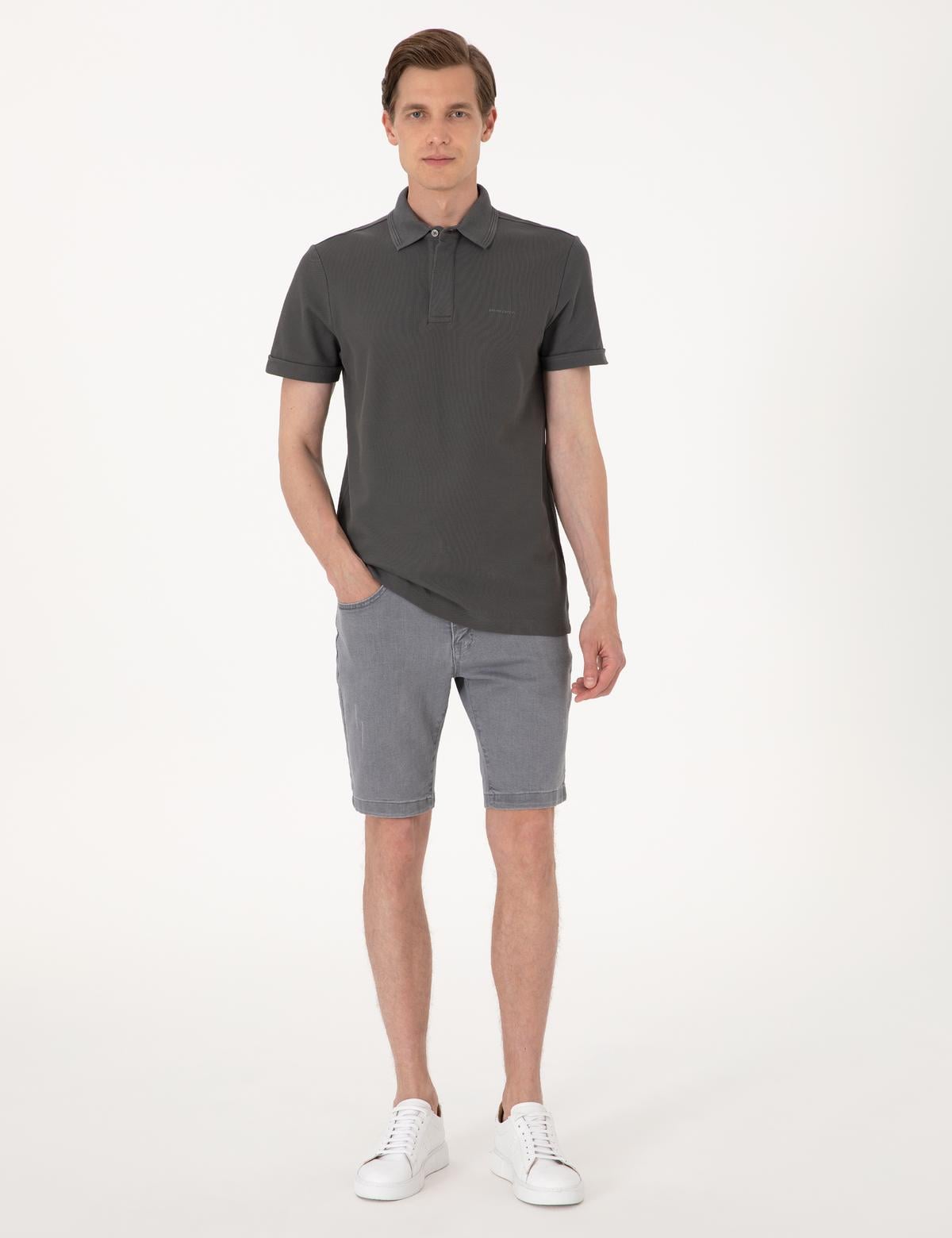 Gri Slim Fit %100 Pamuk Kıvrılmaz Amerikan Pike Polo Yaka Basic Tişört - 50306154043