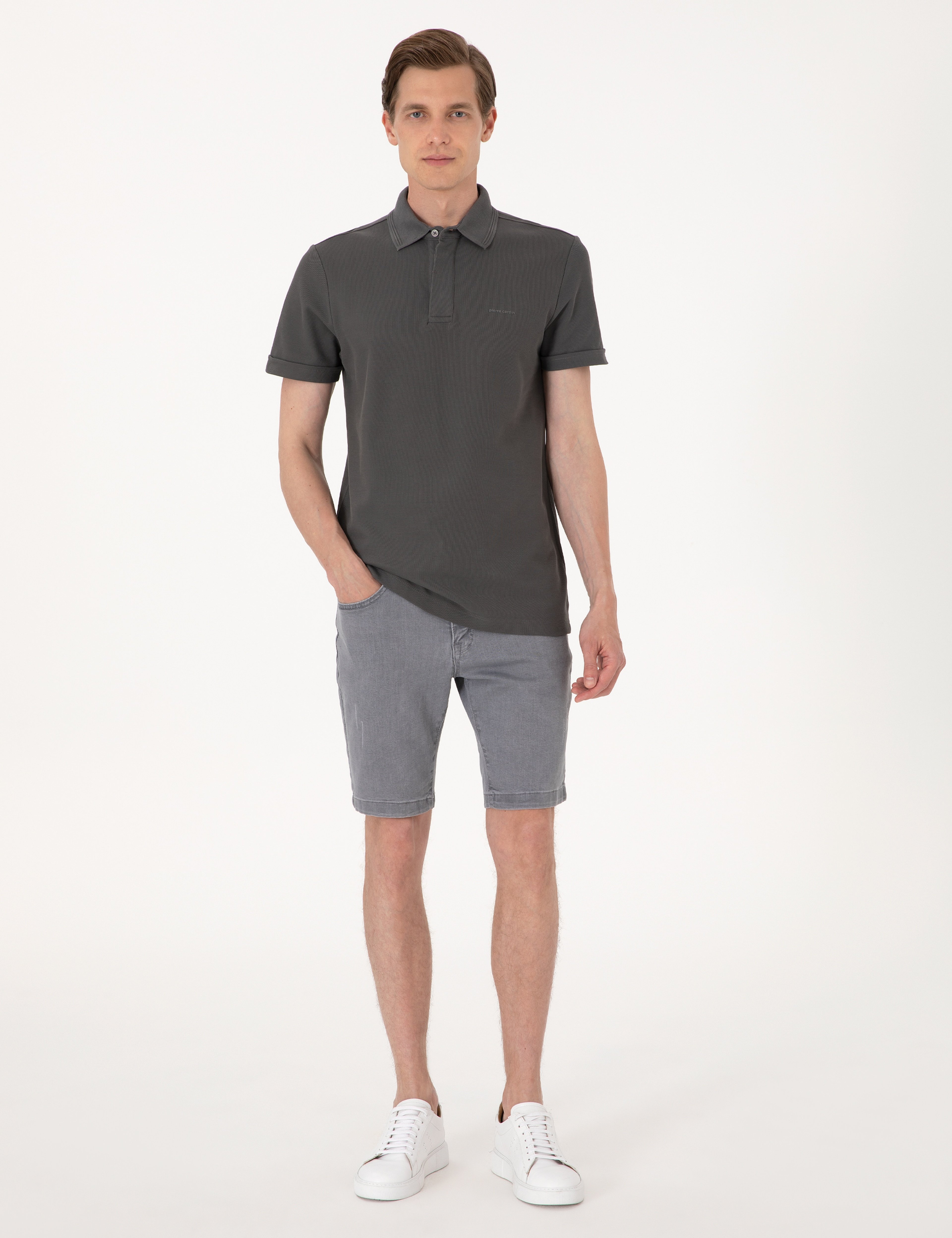 Gri Slim Fit %100 Pamuk Kıvrılmaz Amerikan Pike Polo Yaka Basic Tişört - Image 4