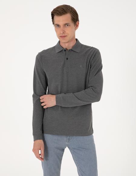 Antrasit Melanj Slim Fit Kıvrılmaz Polo Yaka Basic Pike Sweatshirt - 50314048029