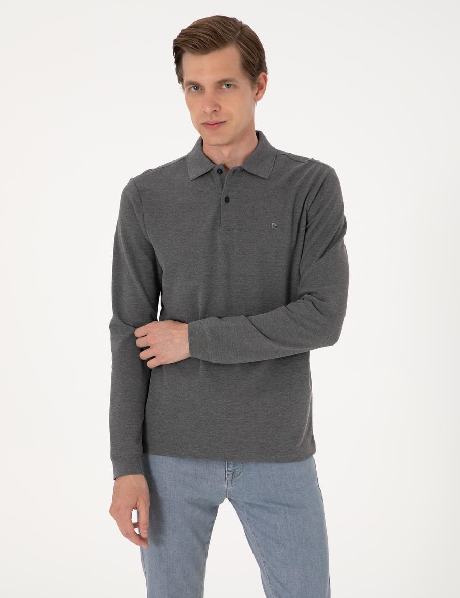 Antrasit Melanj Slim Fit Kıvrılmaz Polo Yaka Basic Pike Sweatshirt