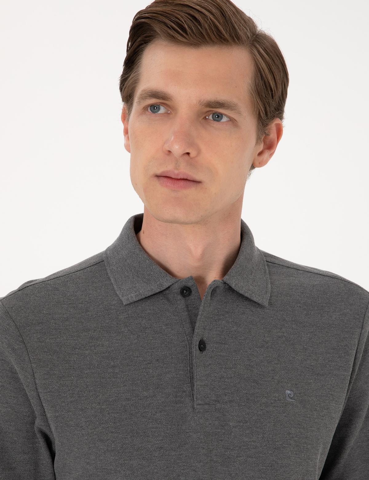 Antrasit Melanj Slim Fit Kıvrılmaz Polo Yaka Basic Pike Sweatshirt - 50314048029