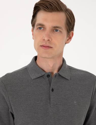 Antrasit Melanj Slim Fit Kıvrılmaz Polo Yaka Basic Pike Sweatshirt