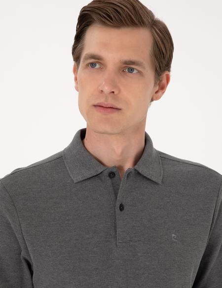 Antrasit Melanj Slim Fit Kıvrılmaz Polo Yaka Basic Pike Sweatshirt - 50314048029