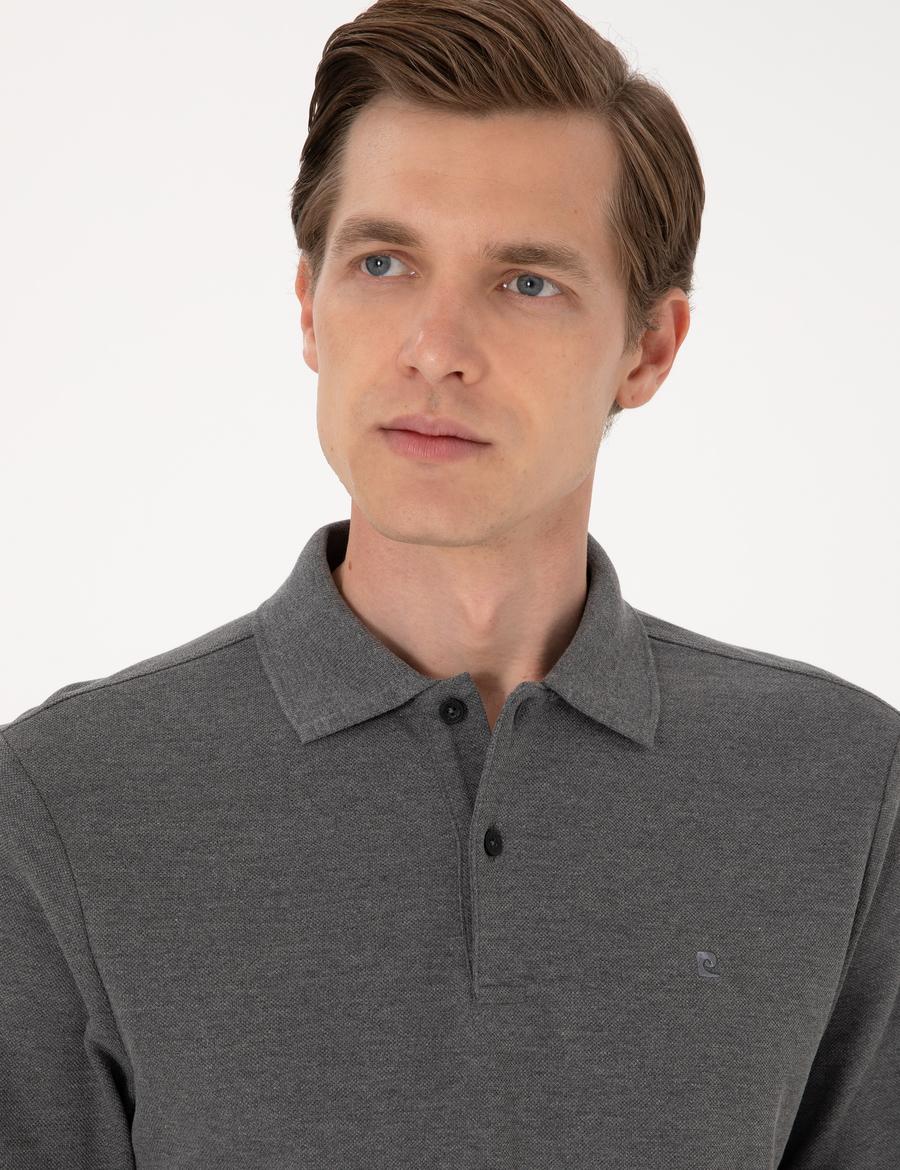 Antrasit Melanj Slim Fit Kıvrılmaz Polo Yaka Basic Pike Sweatshirt