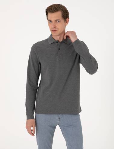 Antrasit Melanj Slim Fit Kıvrılmaz Polo Yaka Basic Pike Sweatshirt