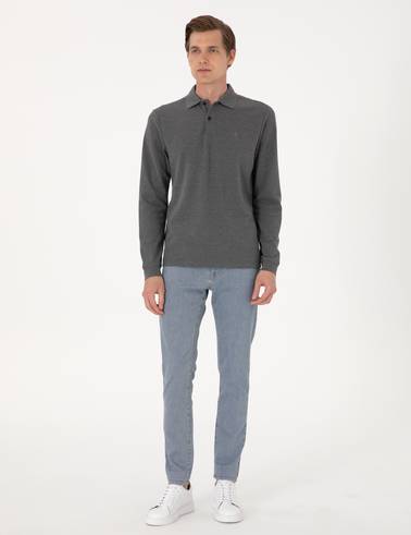 Antrasit Melanj Slim Fit Kıvrılmaz Polo Yaka Basic Pike Sweatshirt
