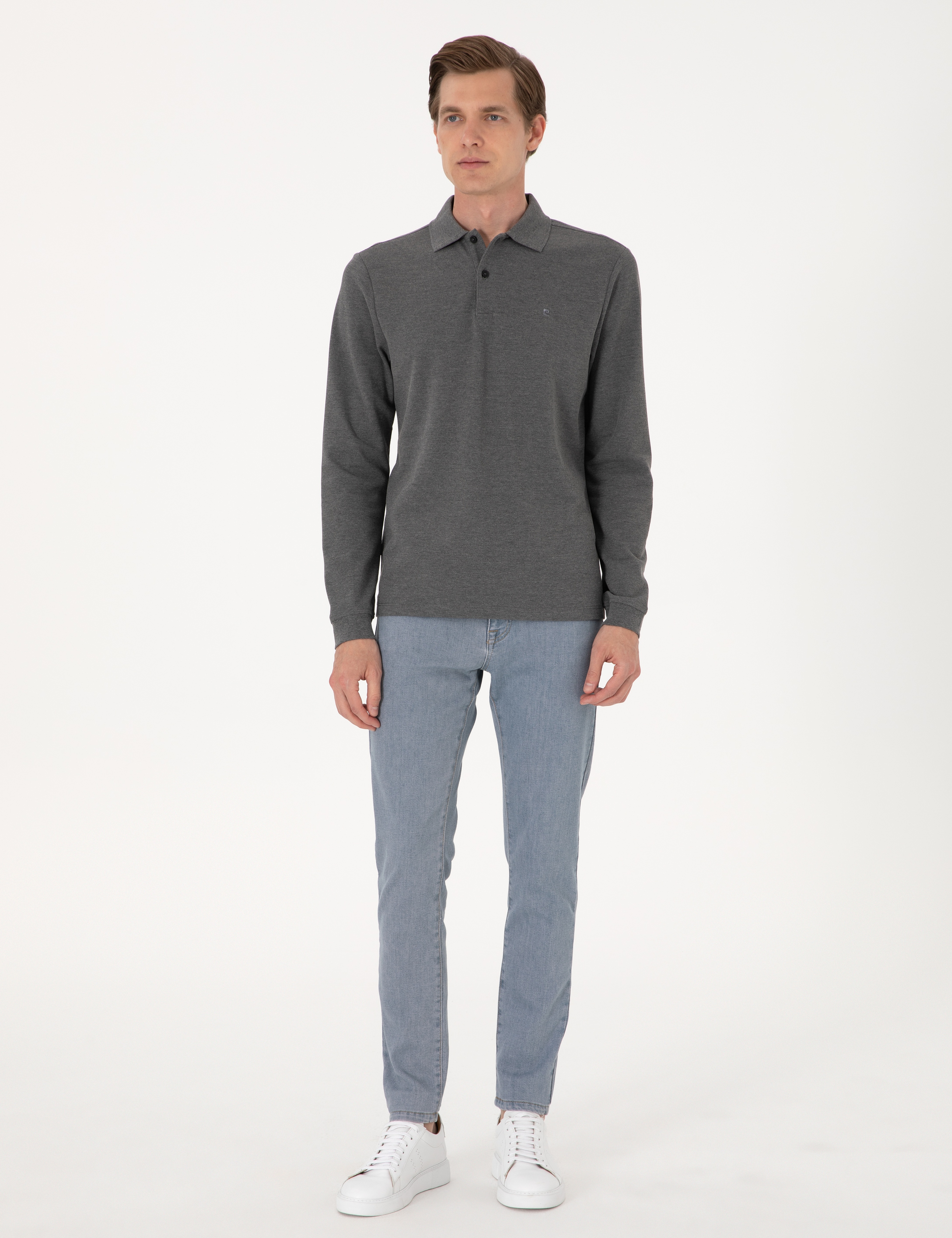 Antrasit Melanj Slim Fit Kıvrılmaz Polo Yaka Basic Pike Sweatshirt - Image 4