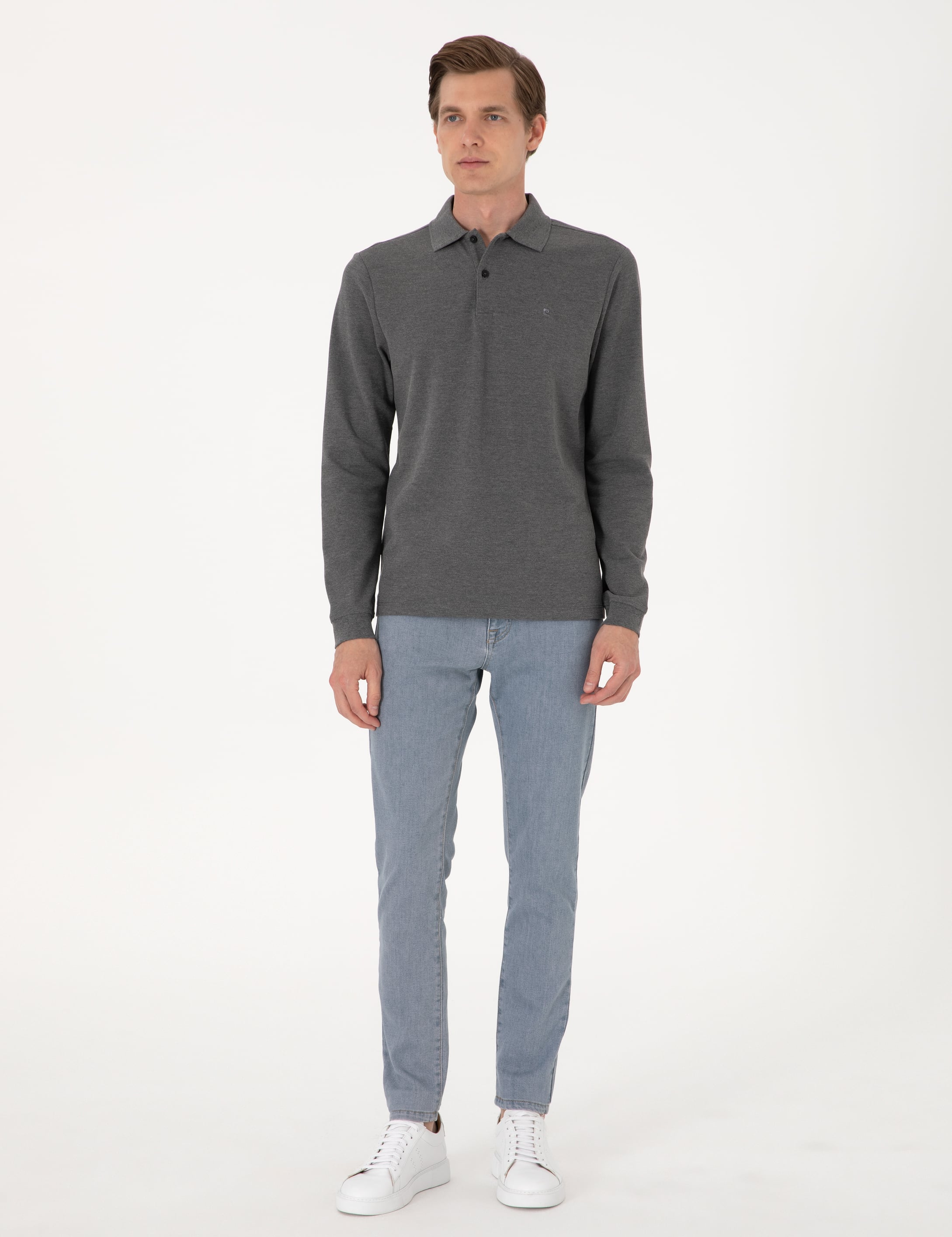 Antrasit Melanj Slim Fit Kıvrılmaz Polo Yaka Basic Pike Sweatshirt