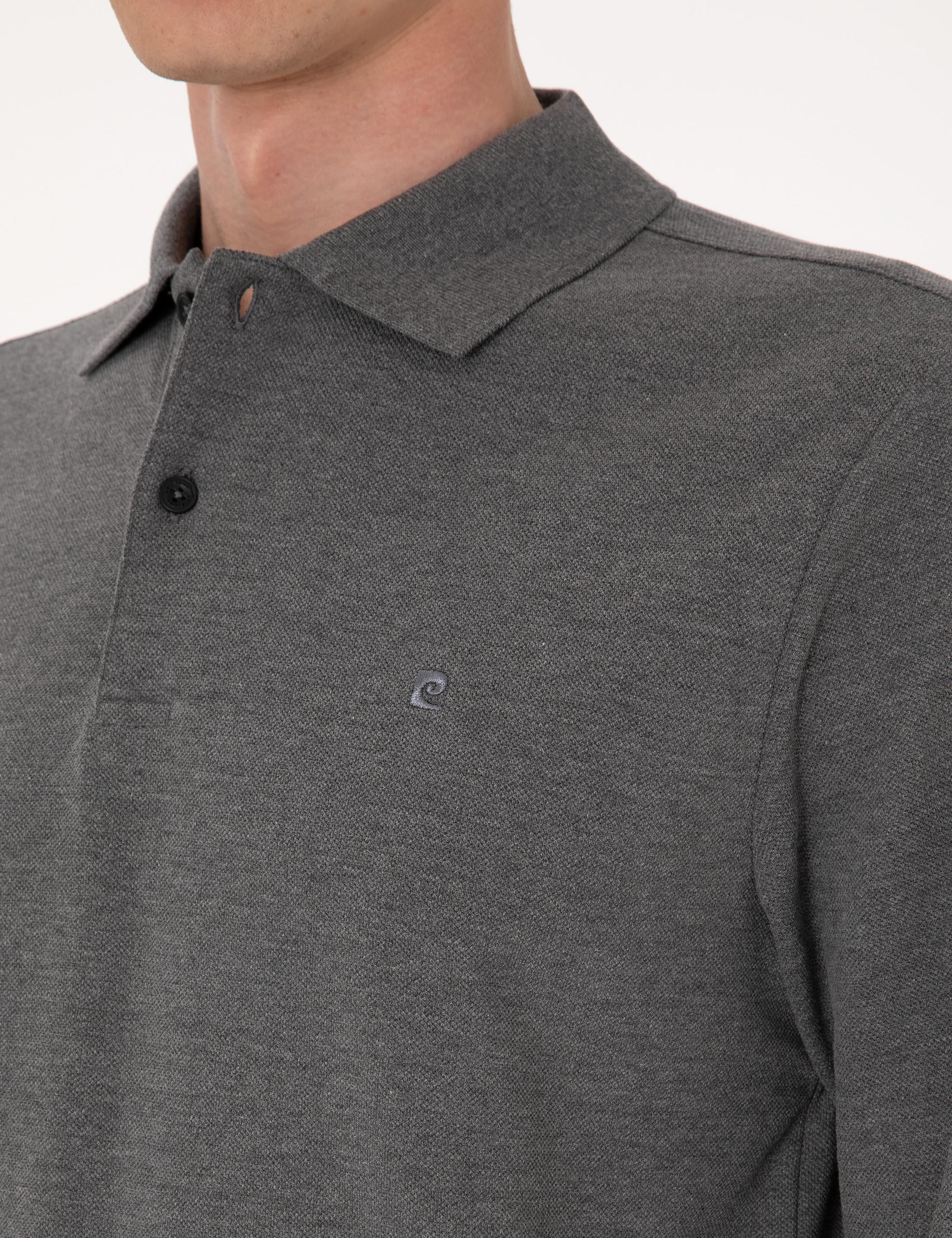 Antrasit Melanj Slim Fit Kıvrılmaz Polo Yaka Basic Pike Sweatshirt