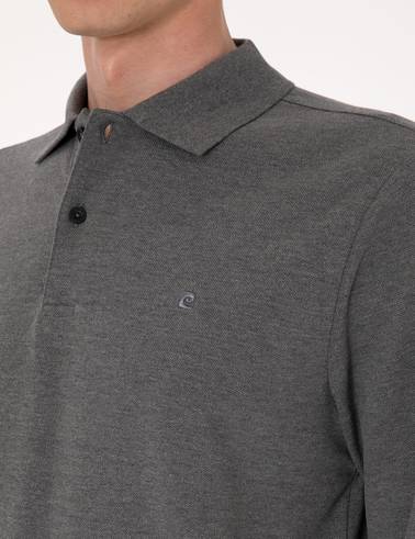 Antrasit Melanj Slim Fit Kıvrılmaz Polo Yaka Basic Pike Sweatshirt
