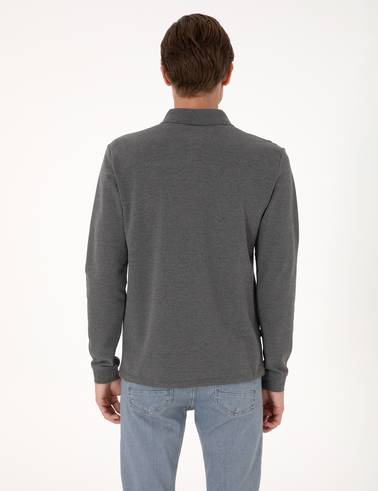 Antrasit Melanj Slim Fit Kıvrılmaz Polo Yaka Basic Pike Sweatshirt