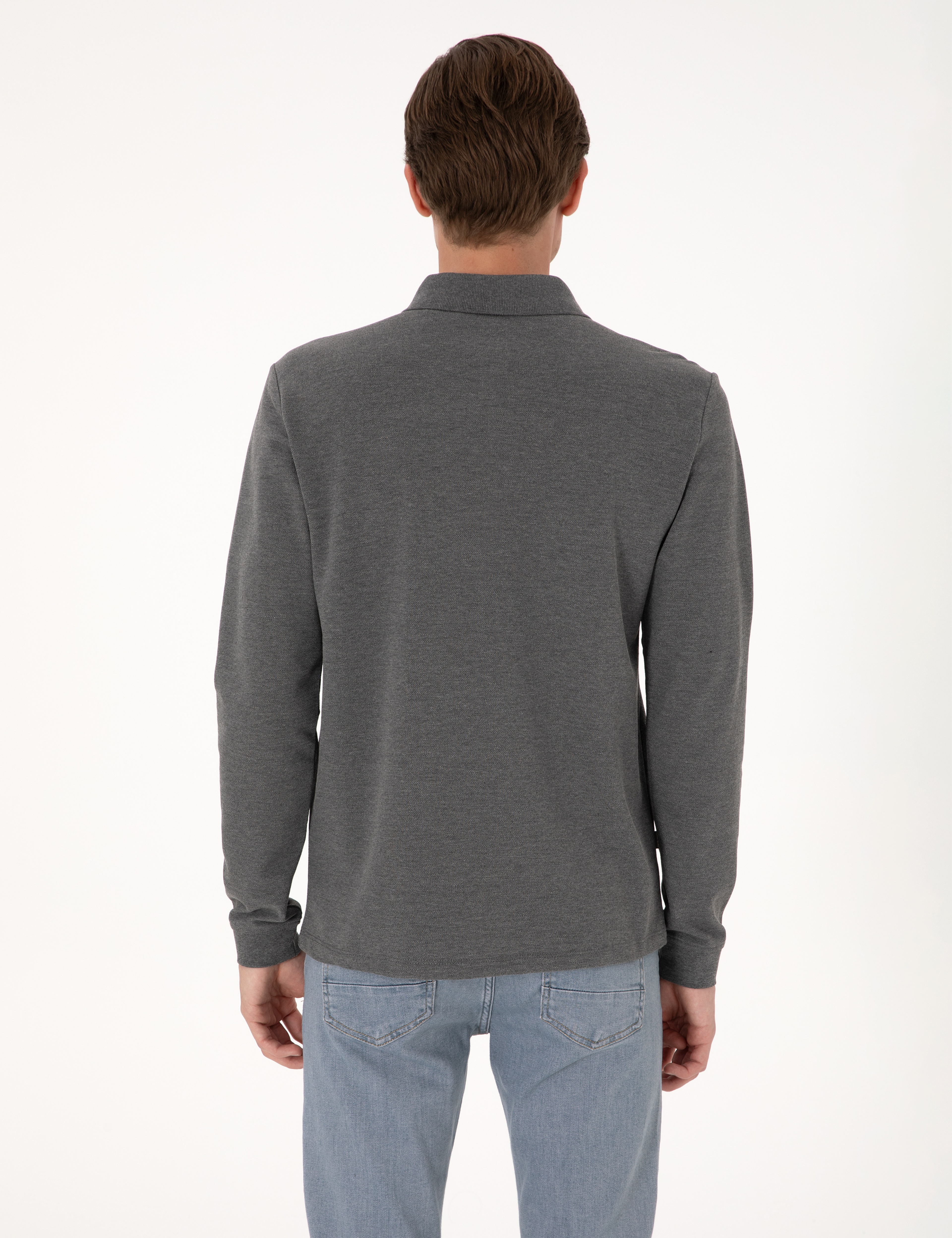 Antrasit Melanj Slim Fit Kıvrılmaz Polo Yaka Basic Pike Sweatshirt - Image 5