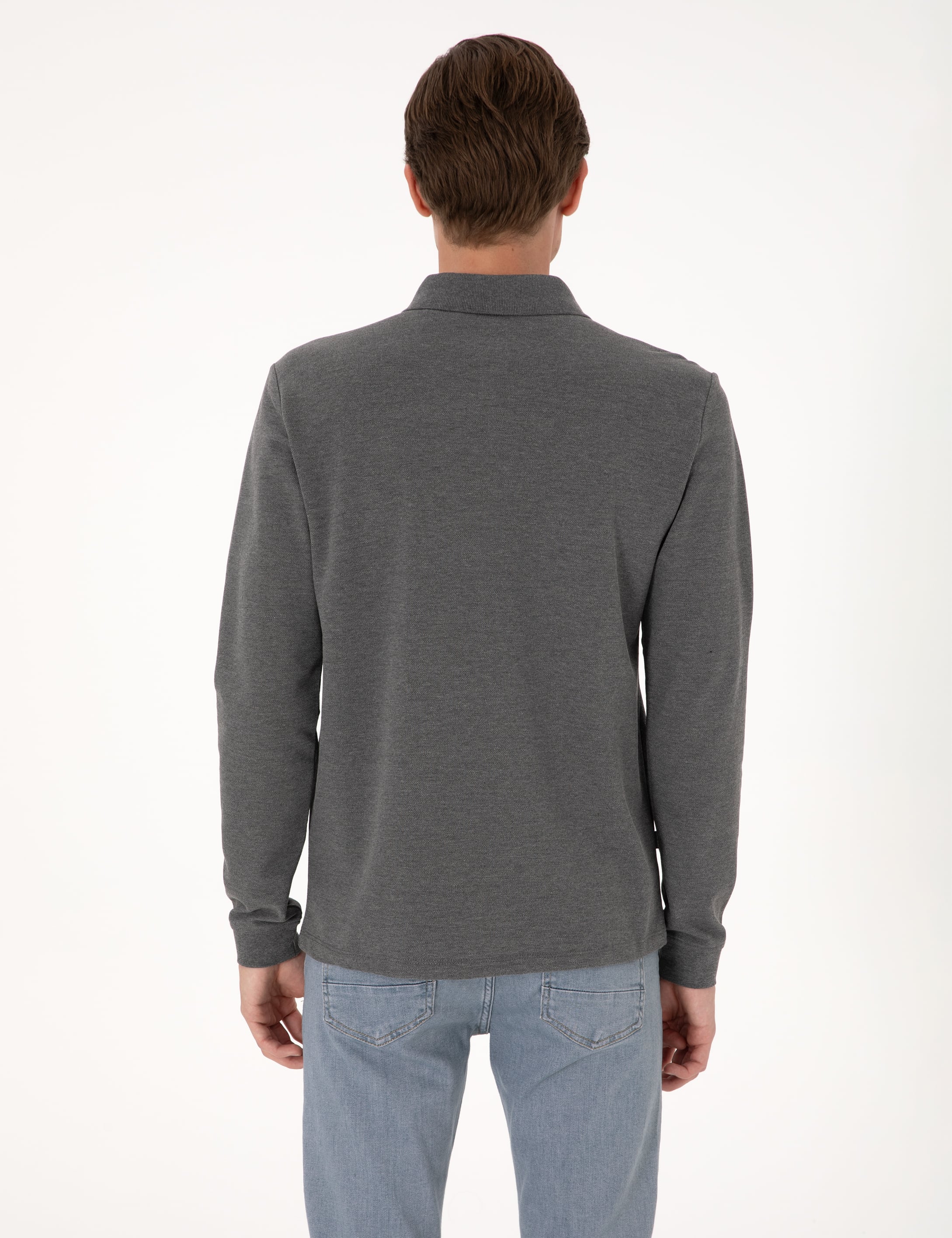 Antrasit Melanj Slim Fit Kıvrılmaz Polo Yaka Basic Pike Sweatshirt