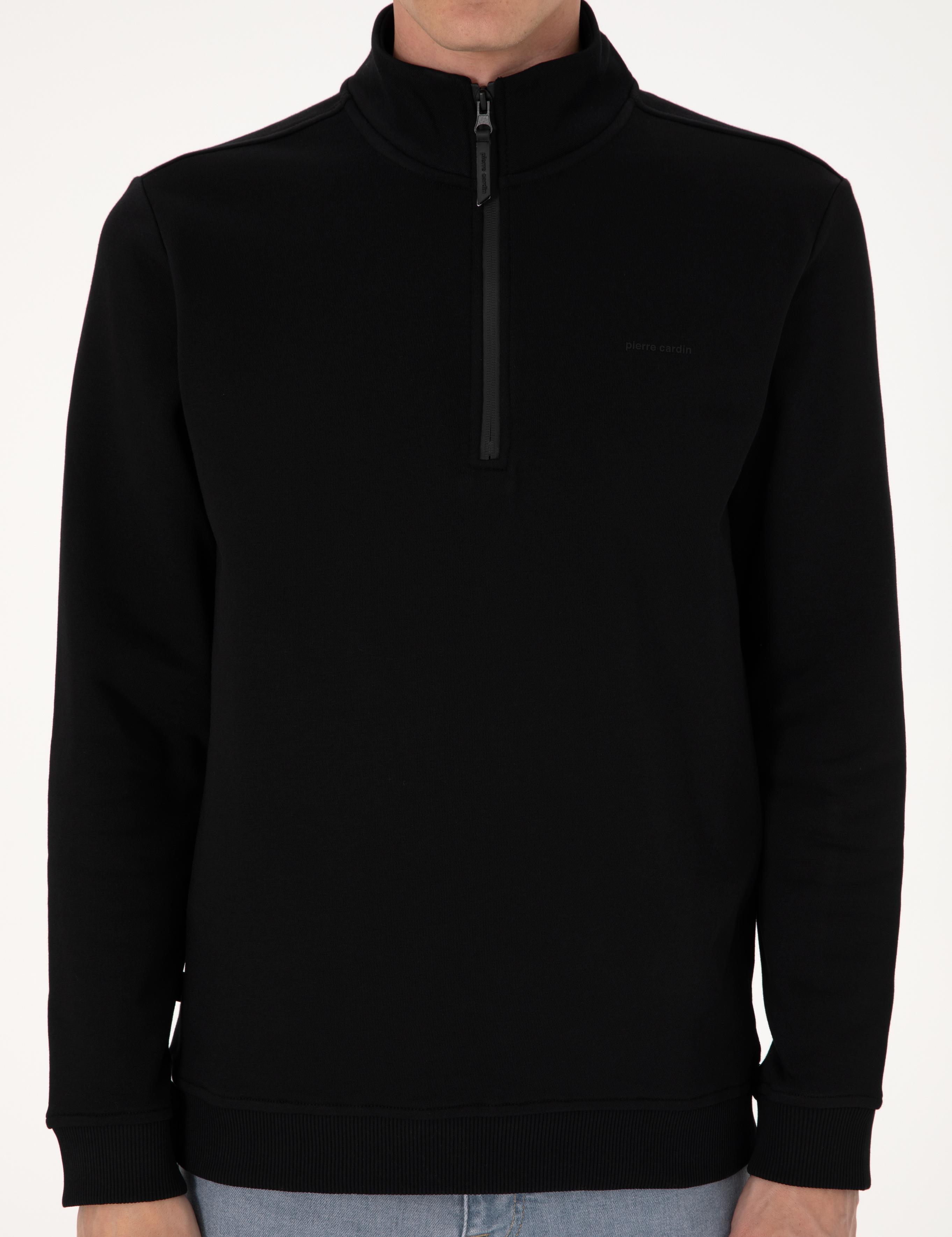 Siyah 3 İplik Regular Fit Fermuarlı Dik Yaka Basic Sweatshirt