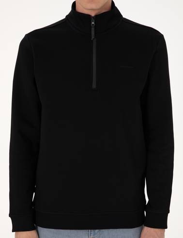 Siyah 3 İplik Regular Fit Fermuarlı Dik Yaka Basic Sweatshirt