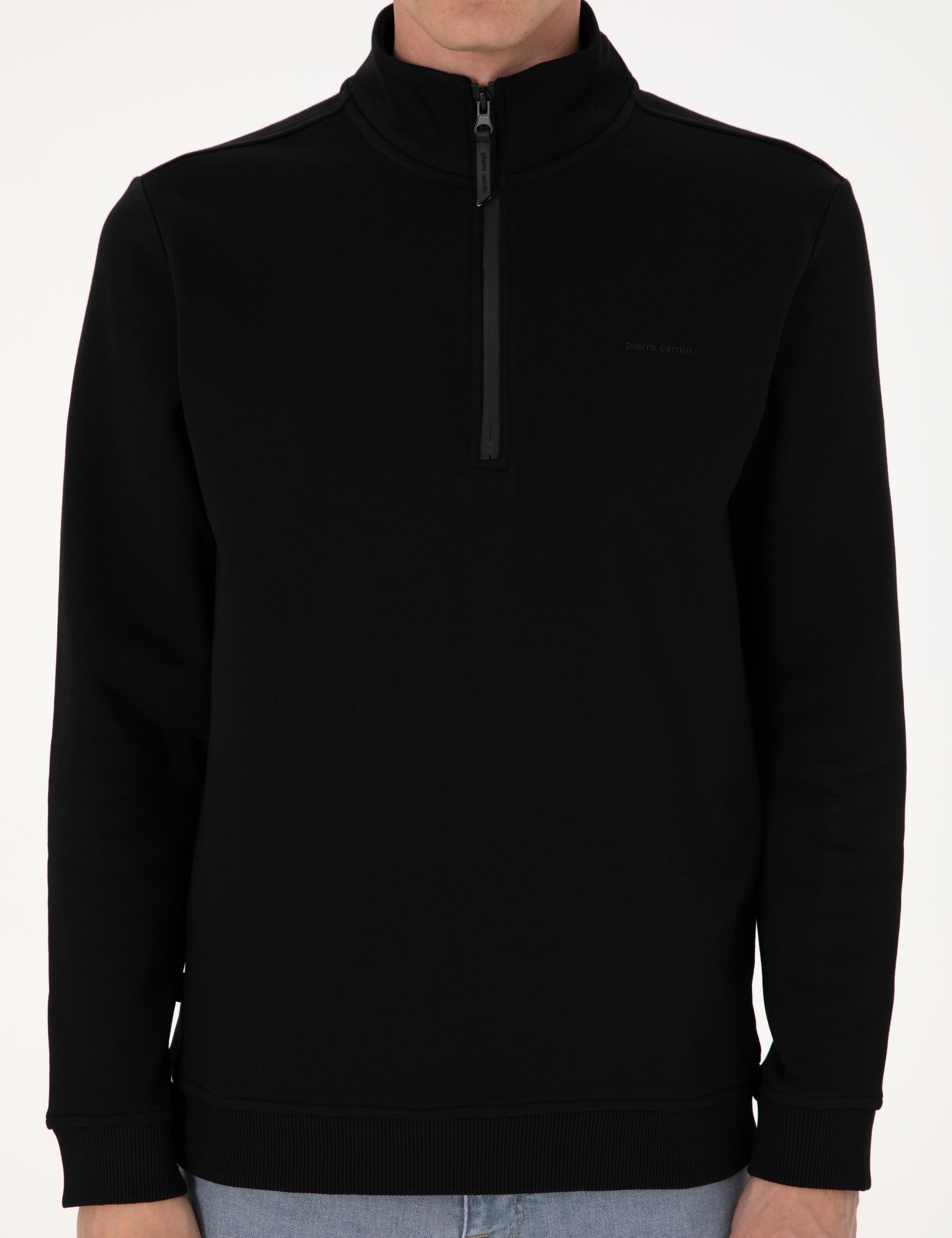 Siyah 3 İplik Regular Fit Fermuarlı Dik Yaka Basic Sweatshirt