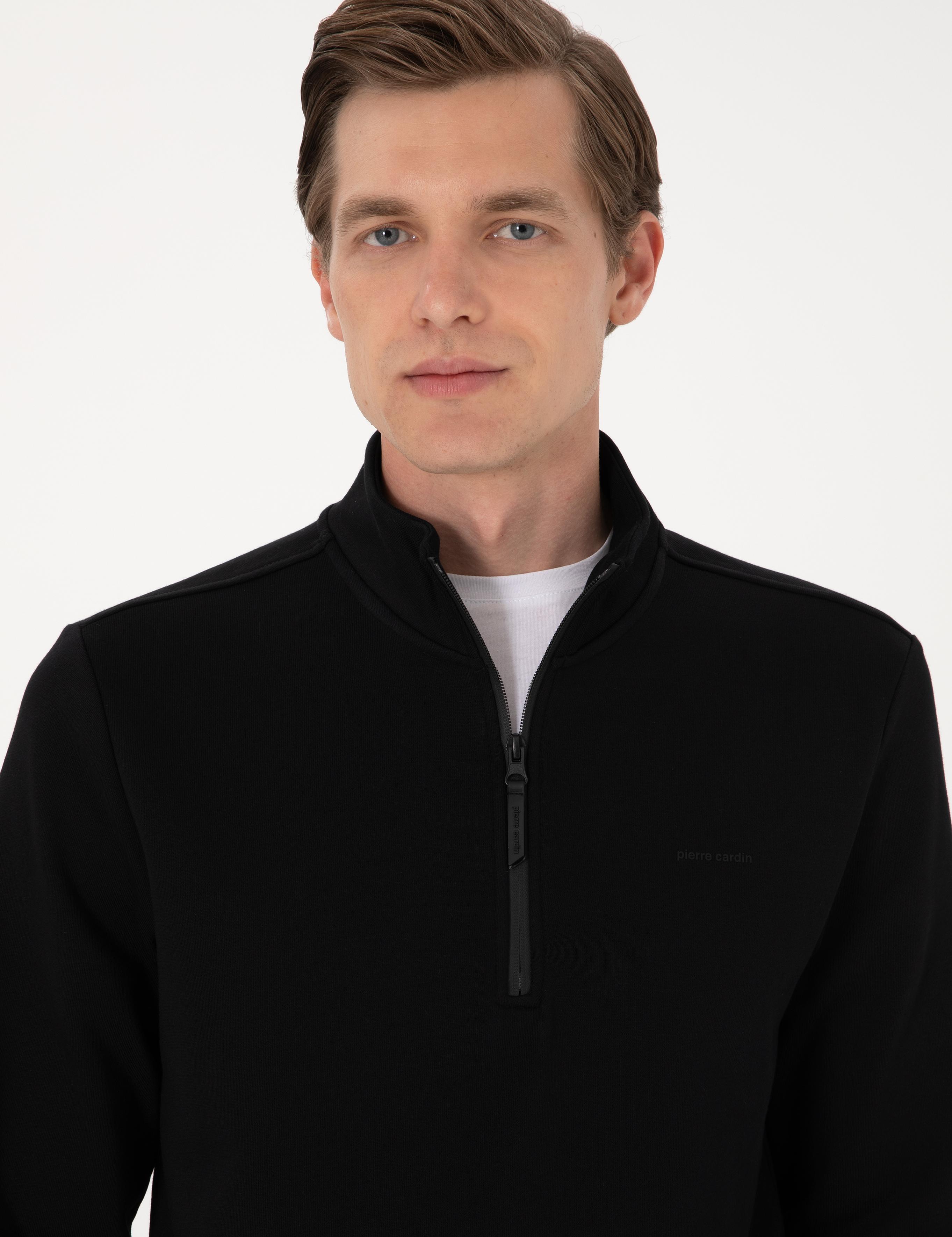 Siyah 3 İplik Regular Fit Fermuarlı Dik Yaka Basic Sweatshirt