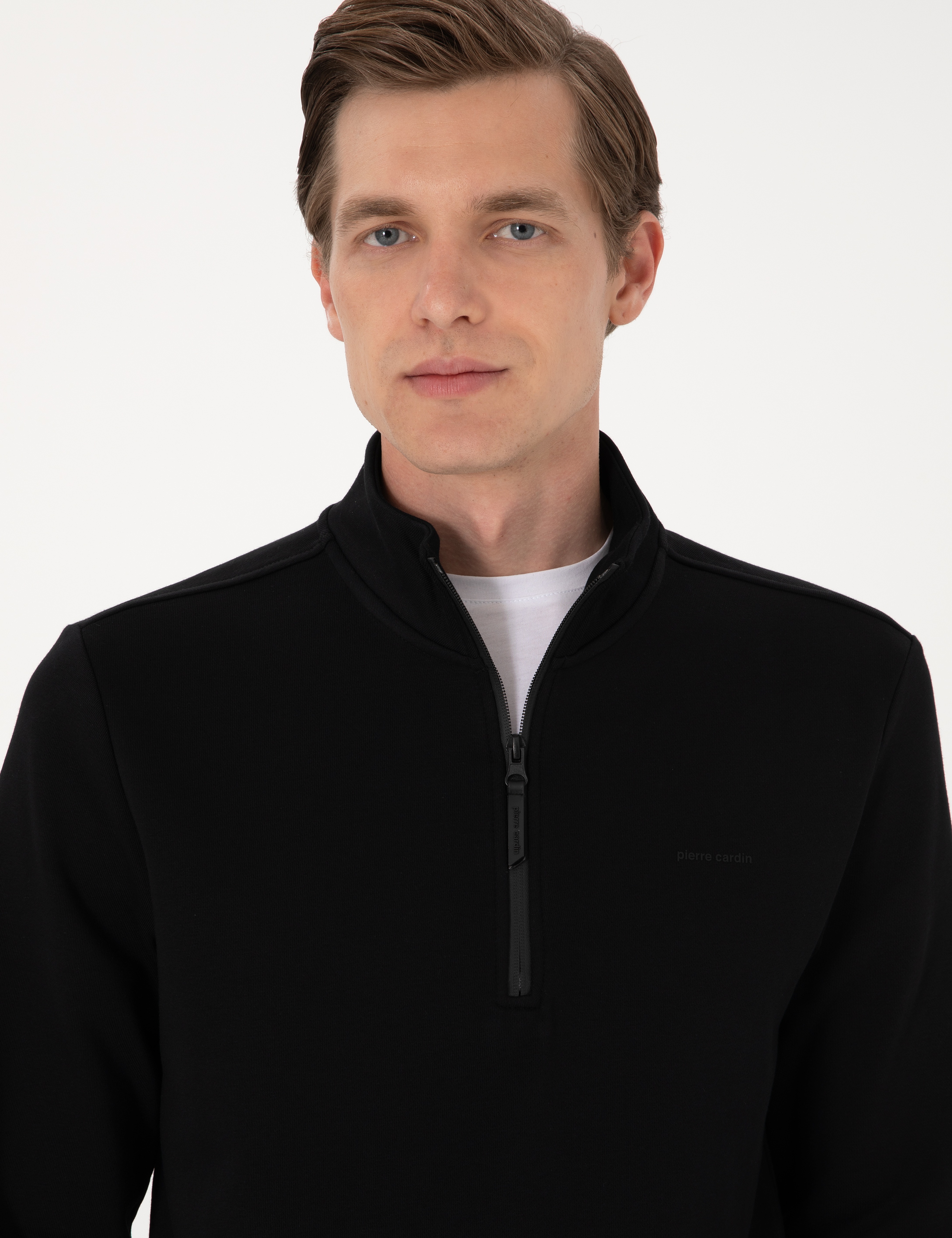 Siyah 3 İplik Regular Fit Fermuarlı Dik Yaka Basic Sweatshirt - Image 2