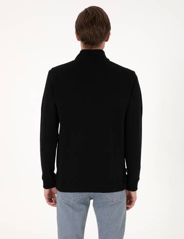 Siyah 3 İplik Regular Fit Fermuarlı Dik Yaka Basic Sweatshirt