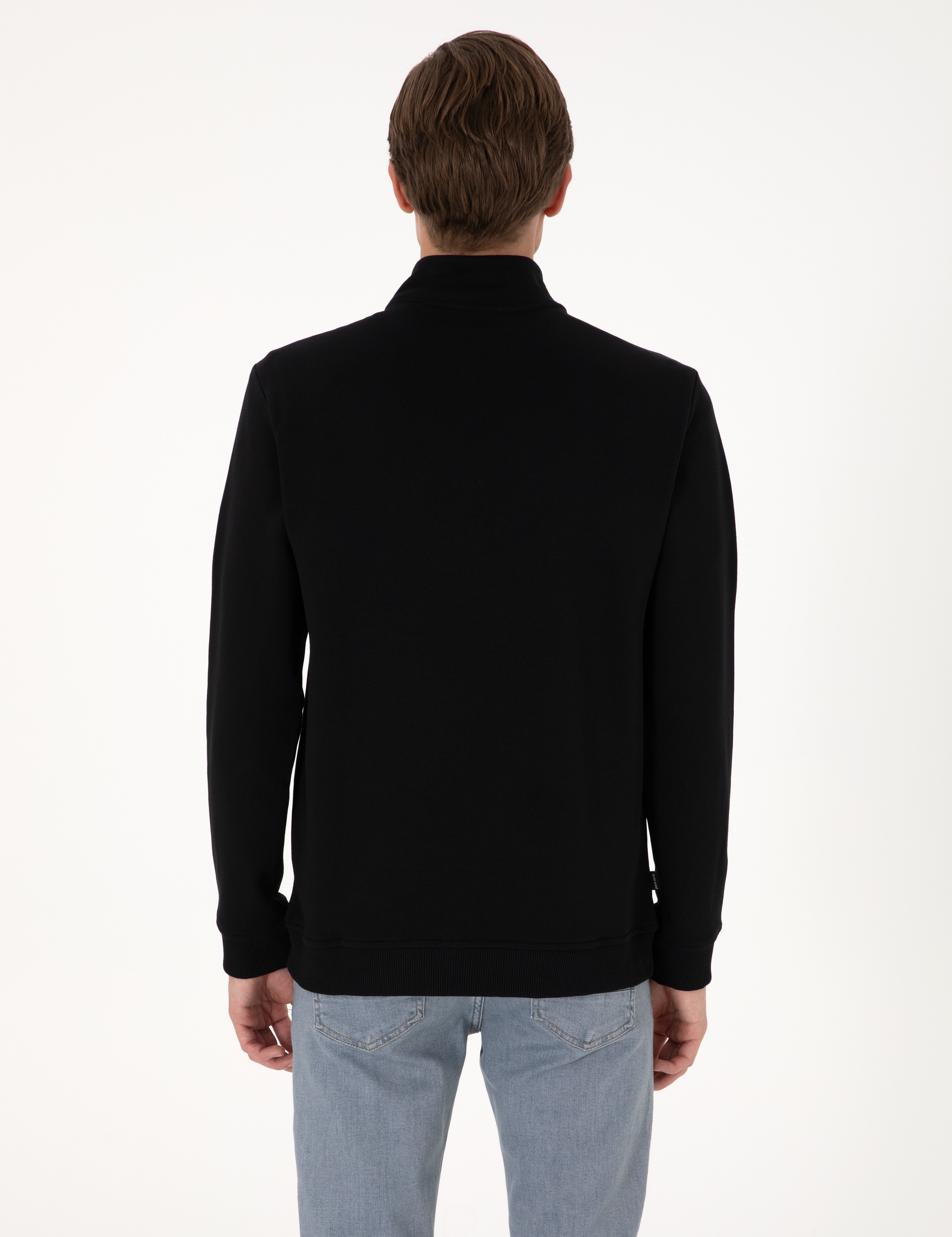 Siyah 3 İplik Regular Fit Fermuarlı Dik Yaka Basic Sweatshirt