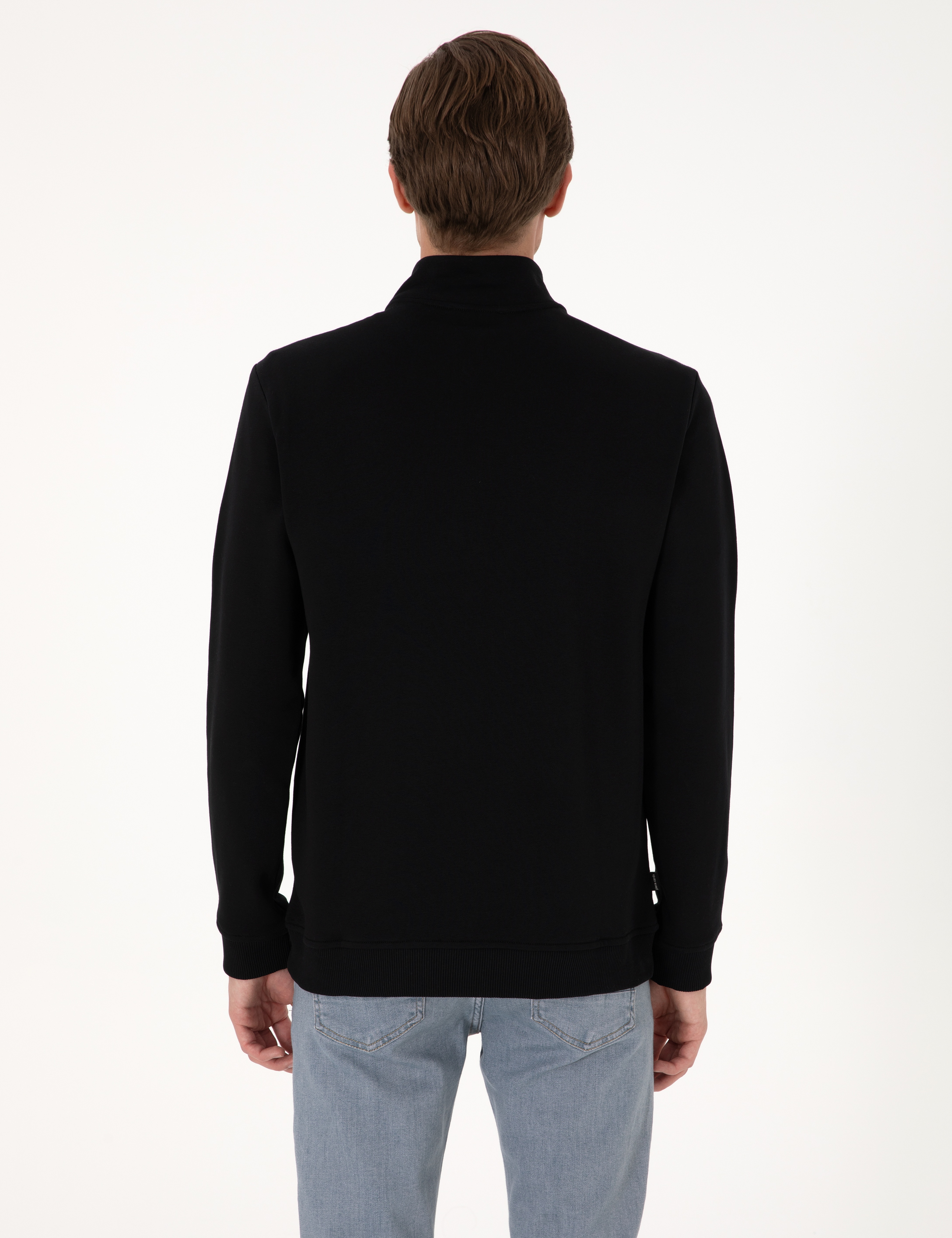 Siyah 3 İplik Regular Fit Fermuarlı Dik Yaka Basic Sweatshirt
