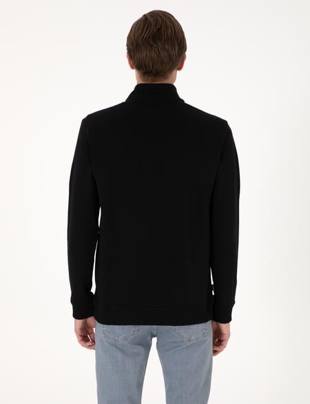 Siyah 3 İplik Regular Fit Fermuarlı Dik Yaka Basic Sweatshirt - 50314044003