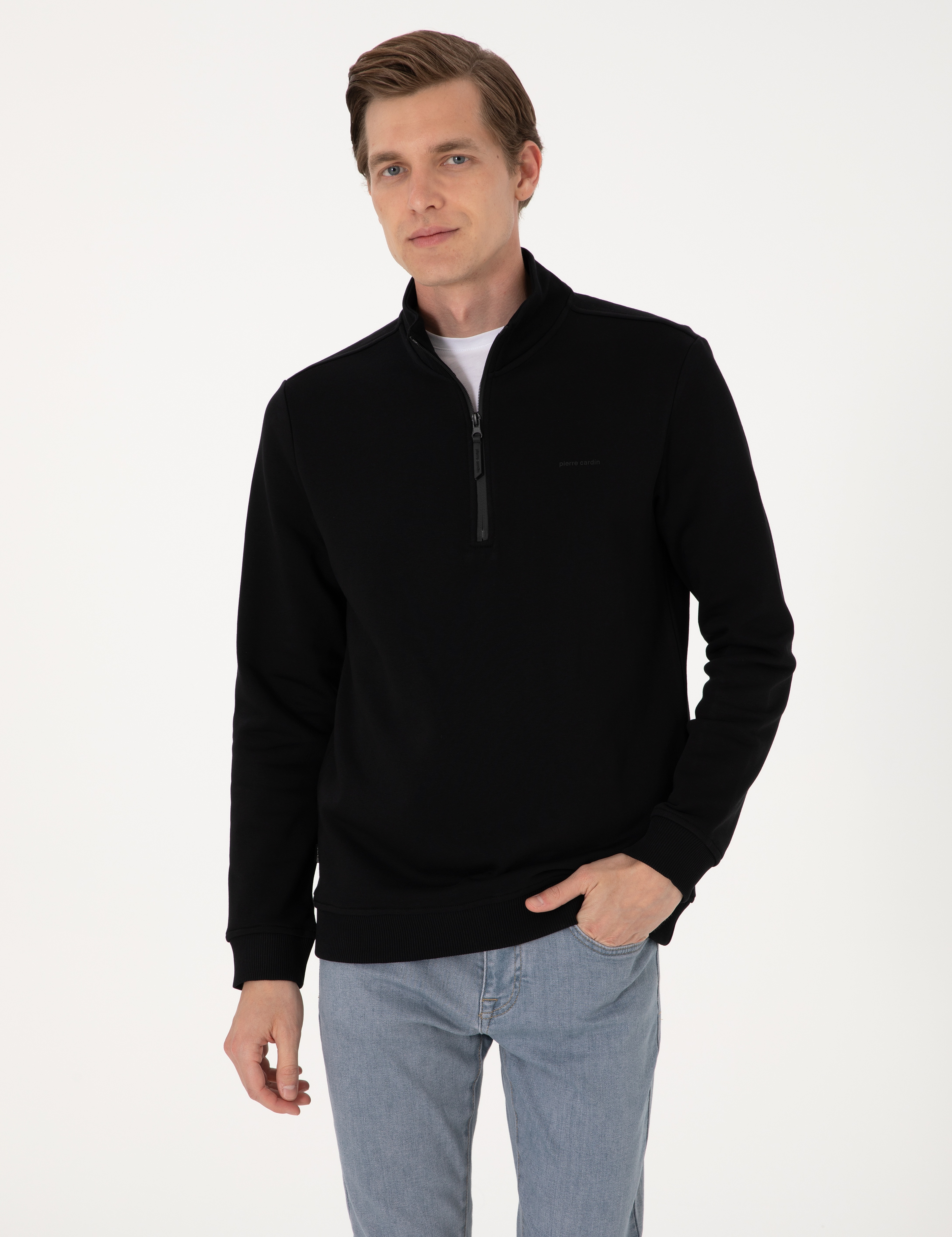 Siyah 3 İplik Regular Fit Fermuarlı Dik Yaka Basic Sweatshirt