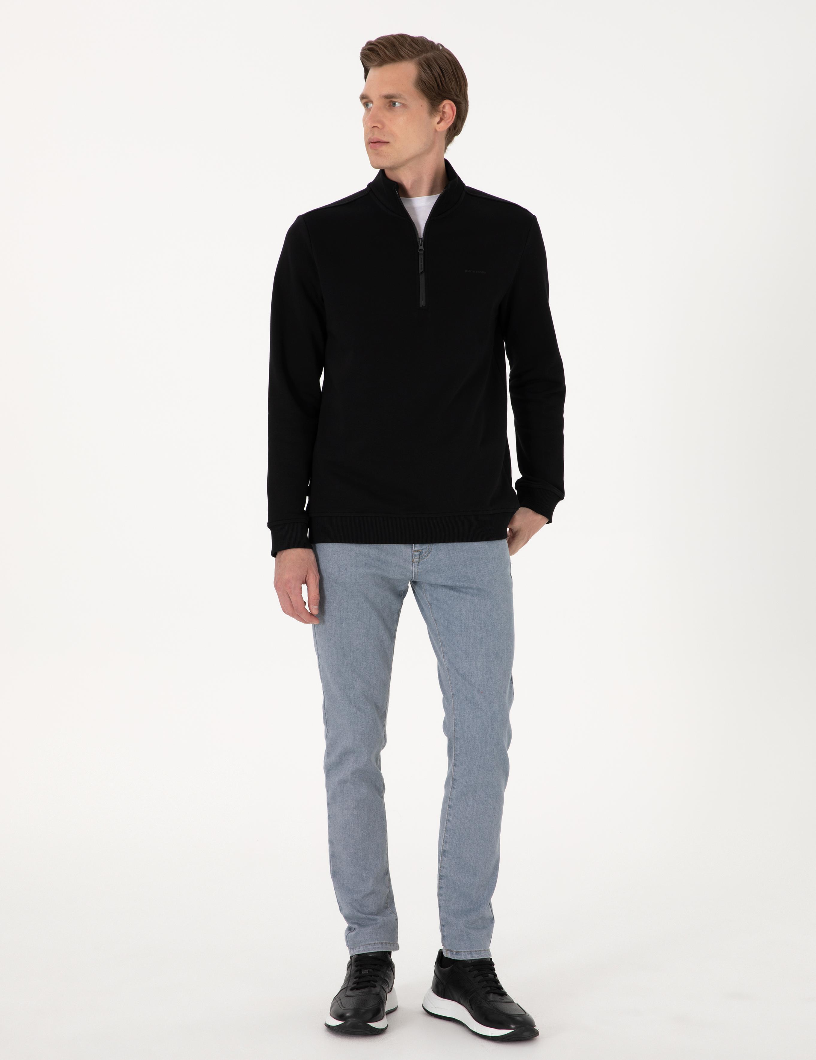 Siyah 3 İplik Regular Fit Fermuarlı Dik Yaka Basic Sweatshirt