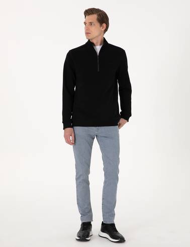 Siyah 3 İplik Regular Fit Fermuarlı Dik Yaka Basic Sweatshirt