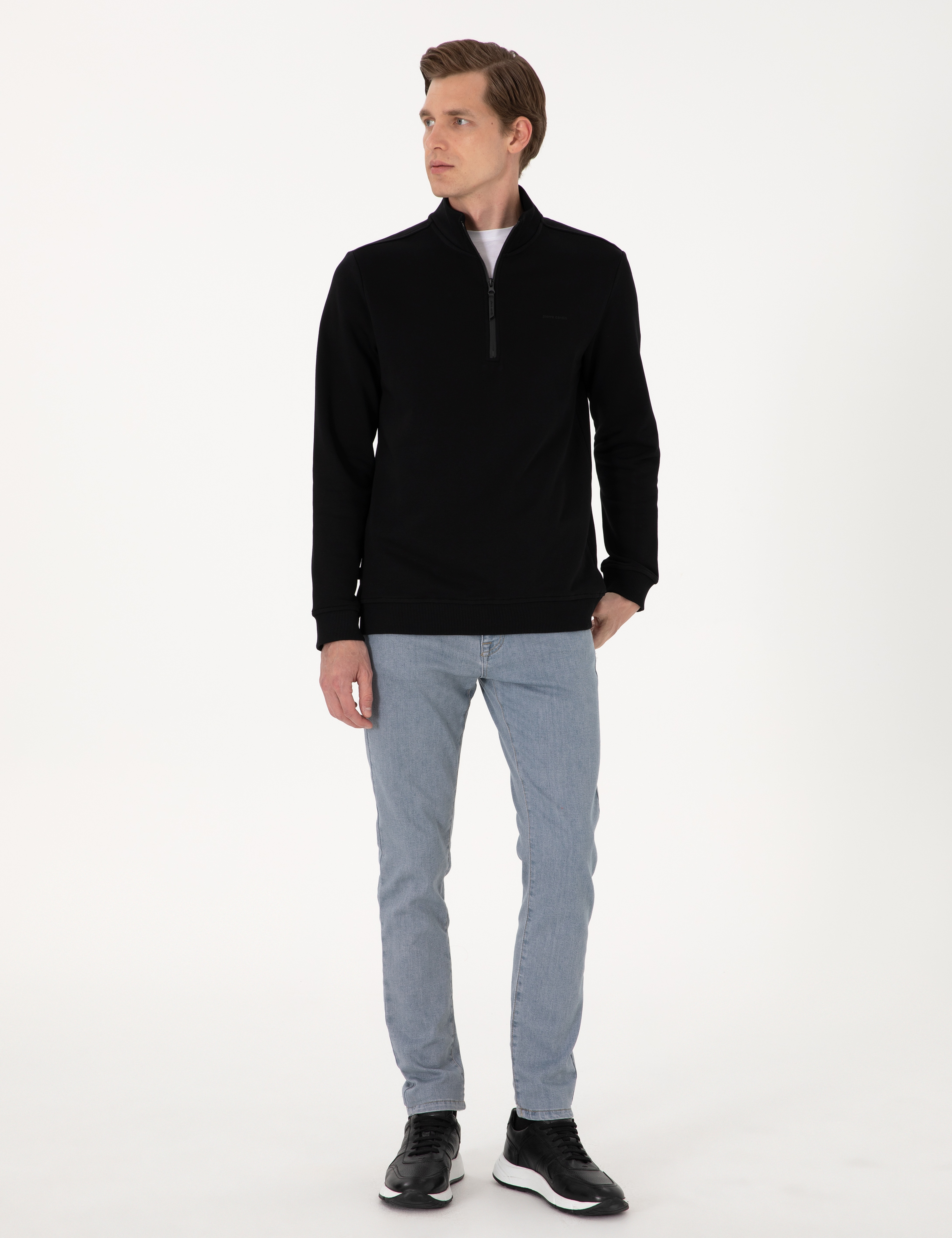 Siyah 3 İplik Regular Fit Fermuarlı Dik Yaka Basic Sweatshirt - Image 4