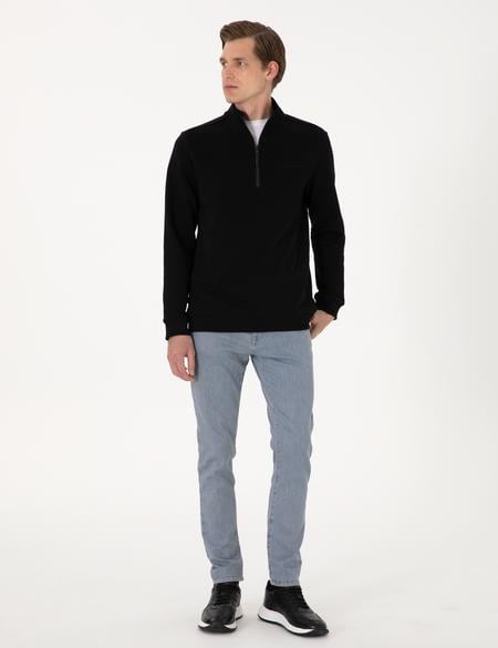 Siyah 3 İplik Regular Fit Fermuarlı Dik Yaka Basic Sweatshirt - 50314044003